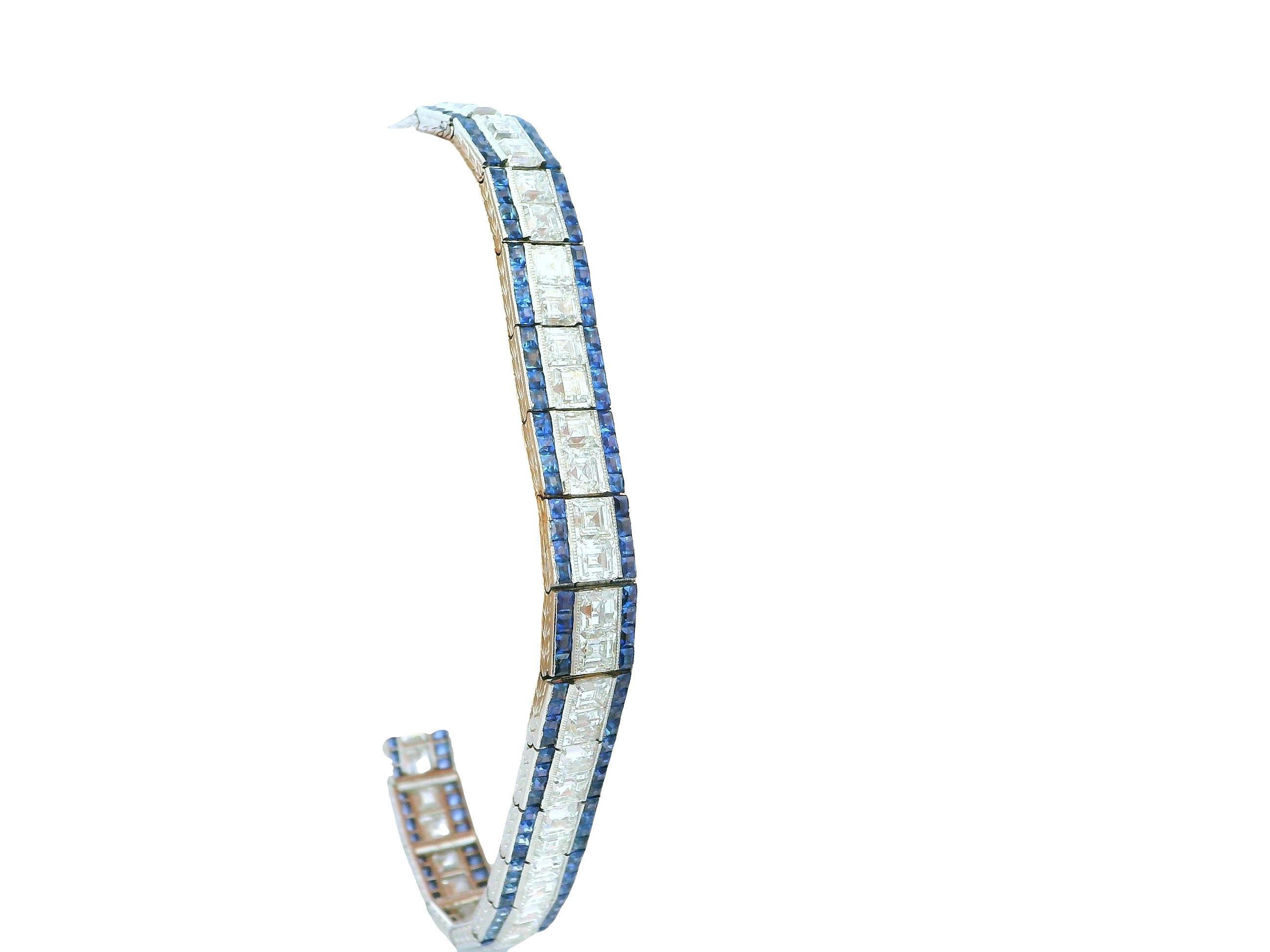 Femenino o masculino Elegancia Art Decó: Pulsera de platino, diamantes y zafiros en venta