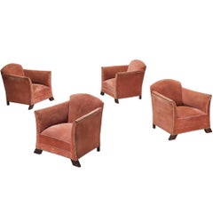 Art Deco Elegant Lounge Chairs in Pink Velvet Metal Studs and Wooden Feet