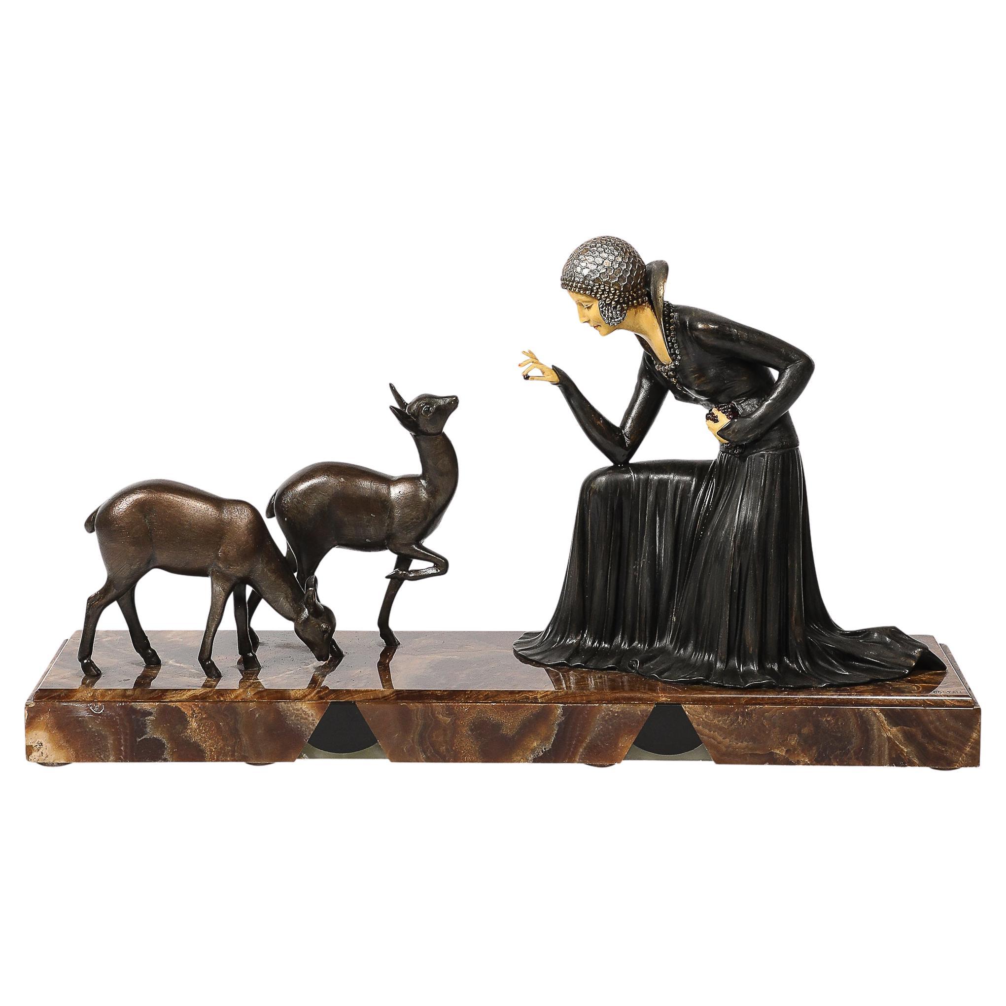 « Elegant Aux Biches » Art Déco sur base en albâtre signé D.Constan par Chiparus