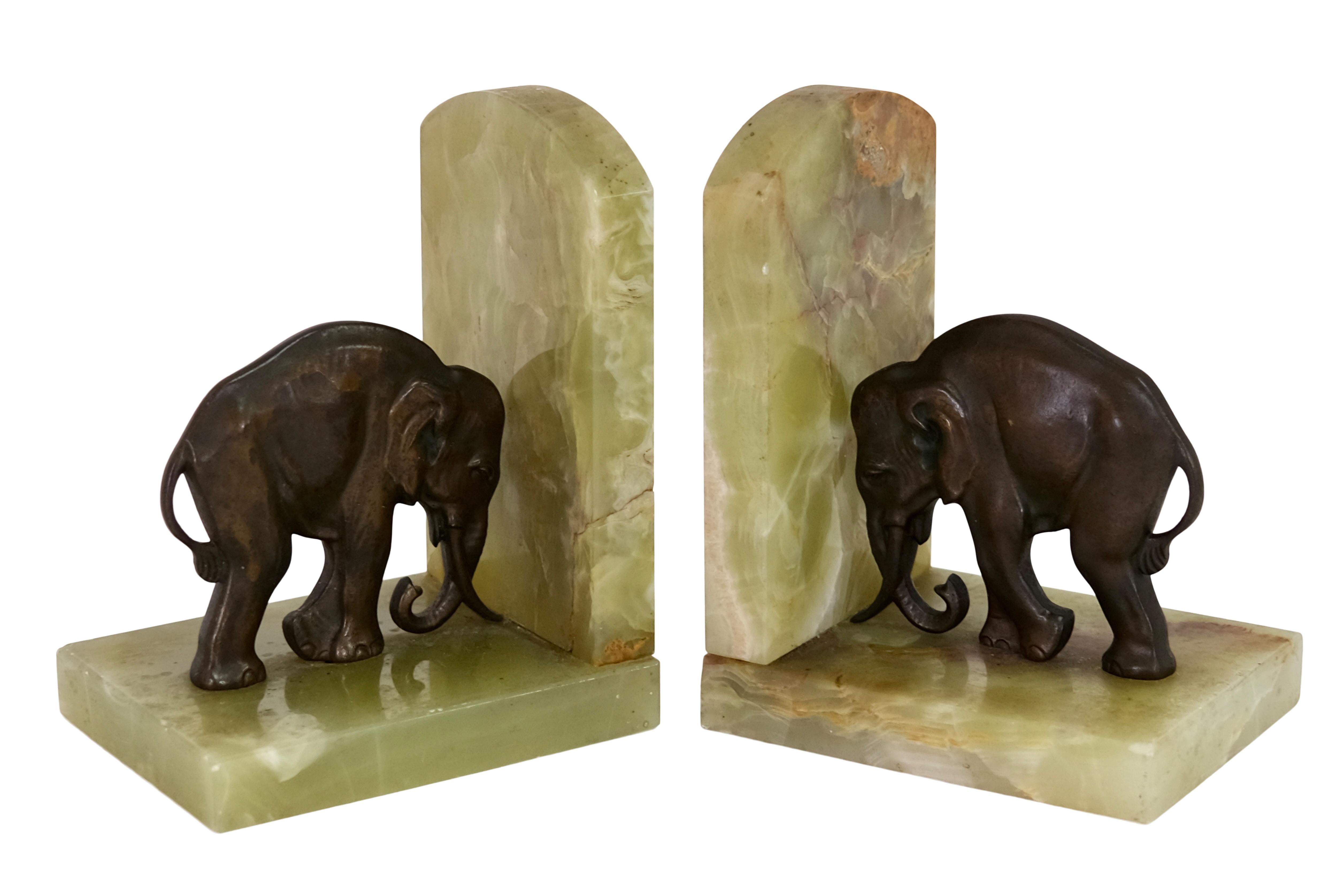 Art Deco Elephant Bookends In Bronze on Green Stone For Sale at 1stDibs