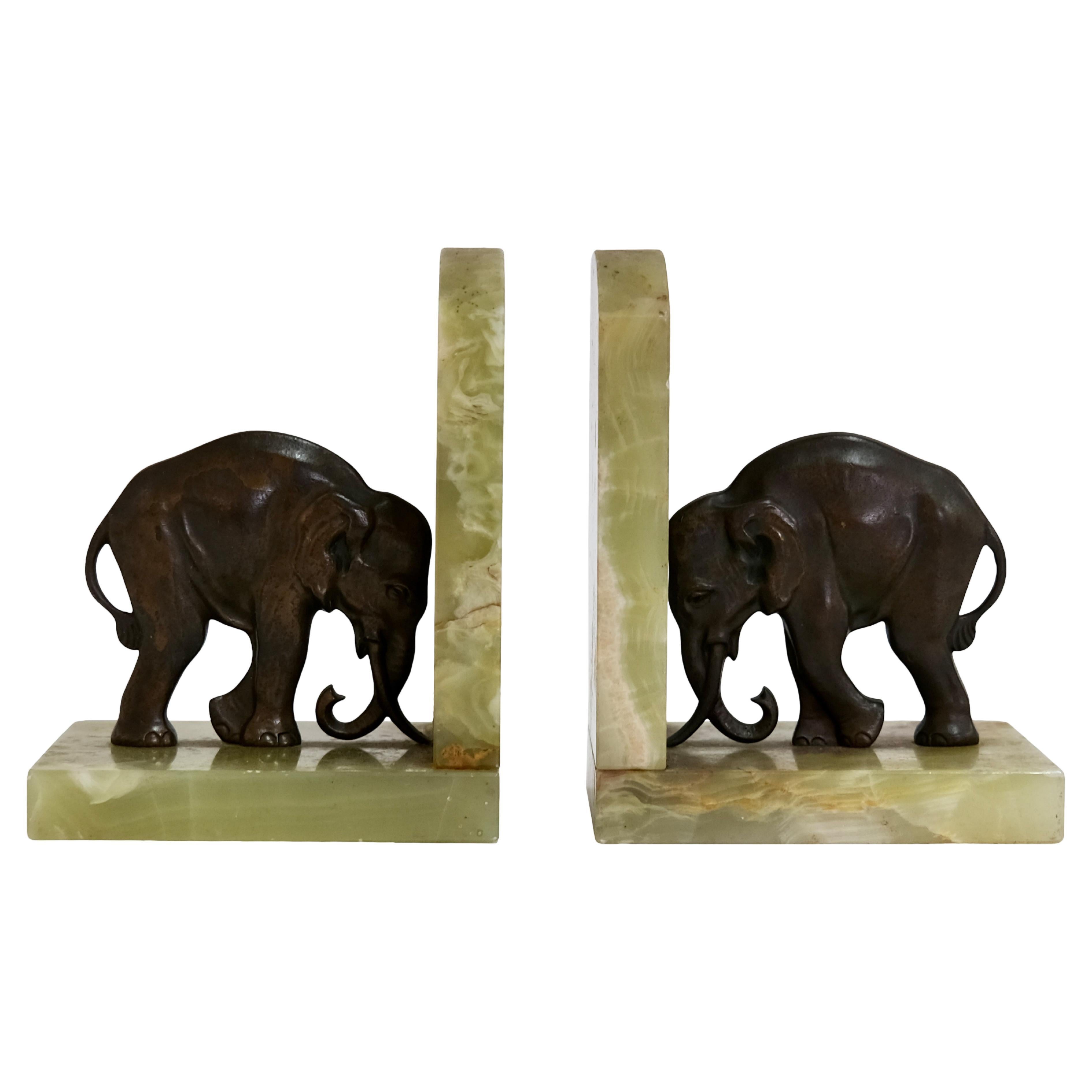 Art Deco Elephant Bookends In Bronze on Green Stone For Sale at 1stDibs