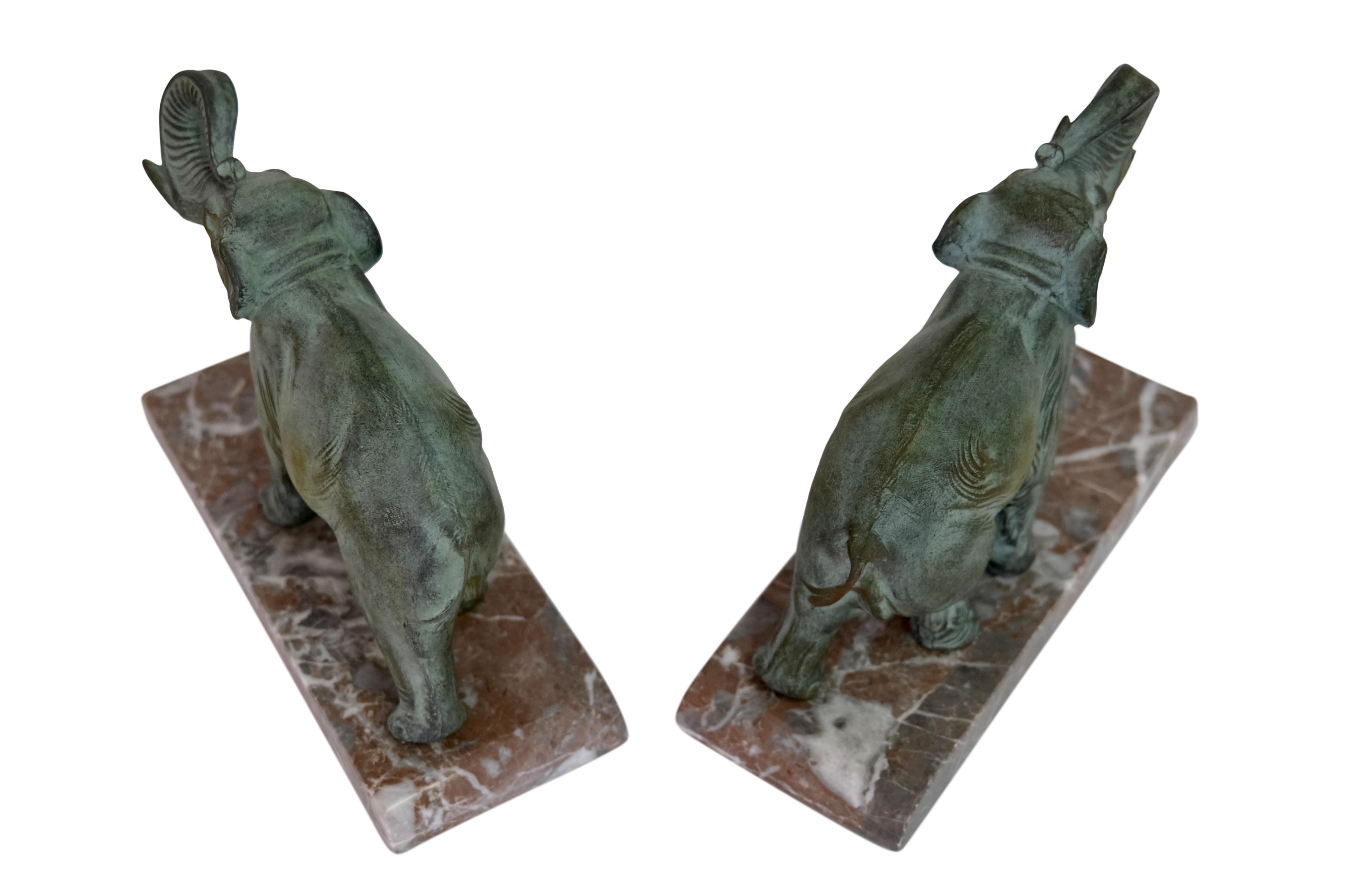 French Art Deco Elephant Bookends with Raised Trunk