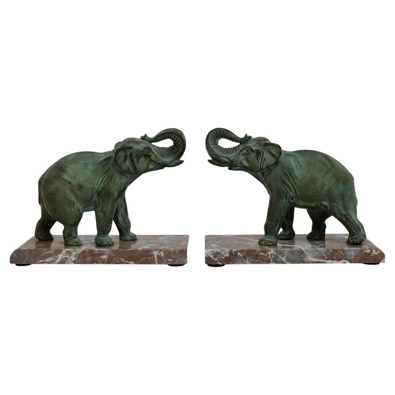 Art Deco Elephant Bookends with Raised Trunk For Sale at 1stDibs