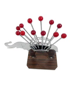 Art Deco Elephant Cocktail Pick Set in Chrome and Wood w/12 Red Ball Top Picks