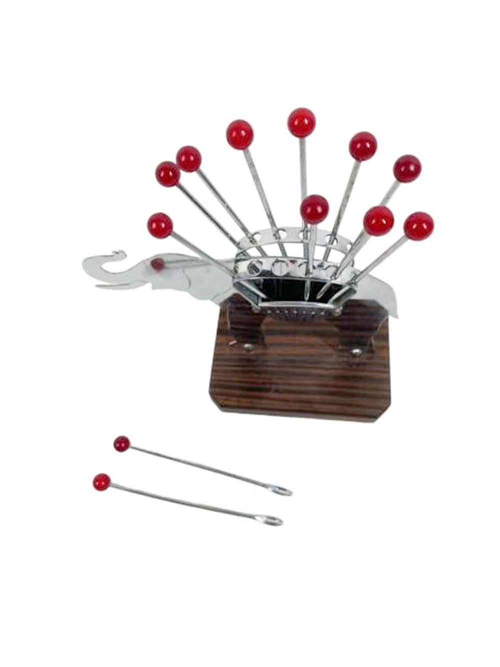 French Art Deco Elephant Cocktail Pick Set in Chrome and Wood w/12 Red Ball Top Picks