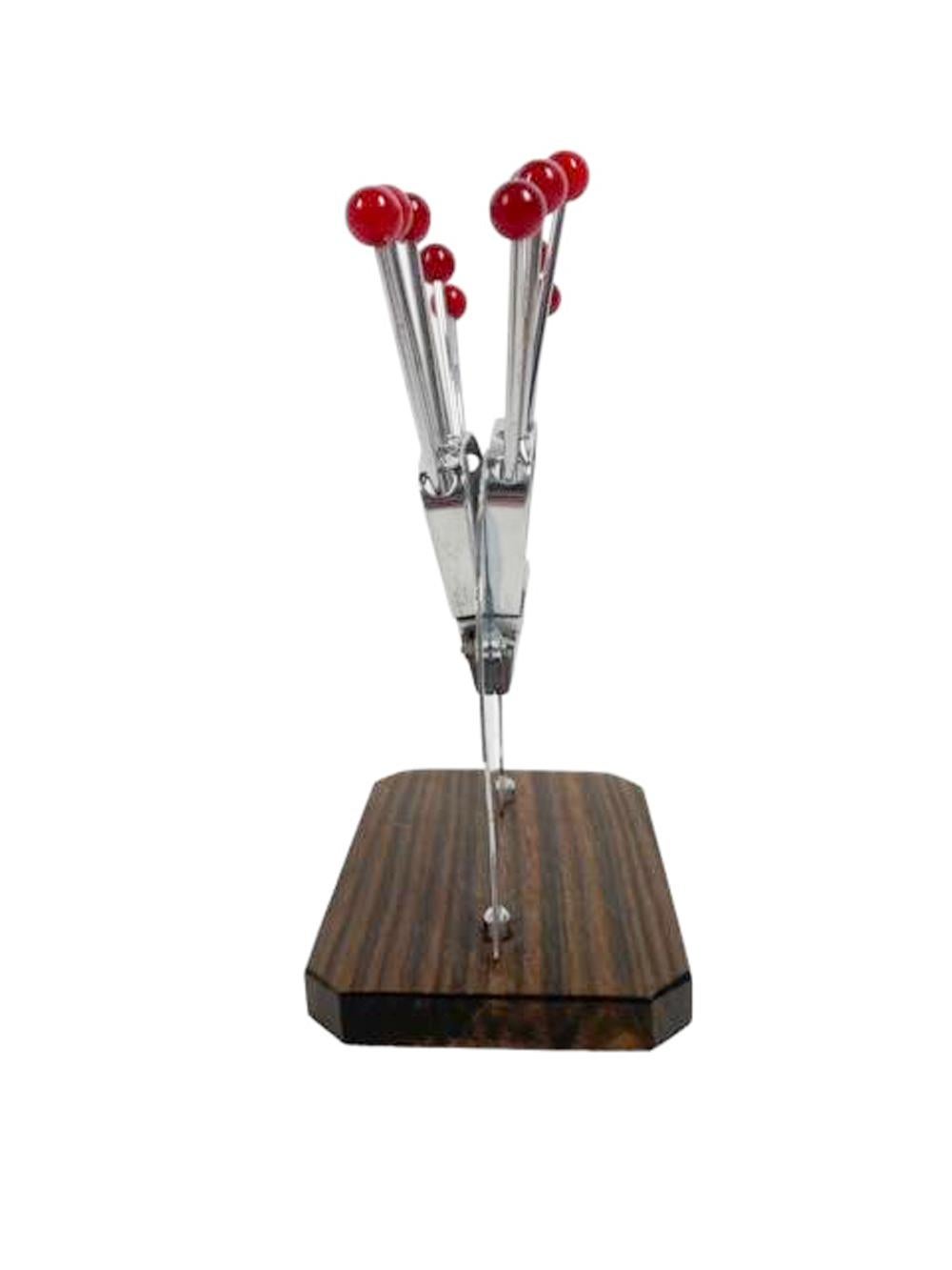 Art Deco Elephant Cocktail Pick Set in Chrome and Wood w/12 Red Ball Top Picks In Good Condition In Chapel Hill, NC