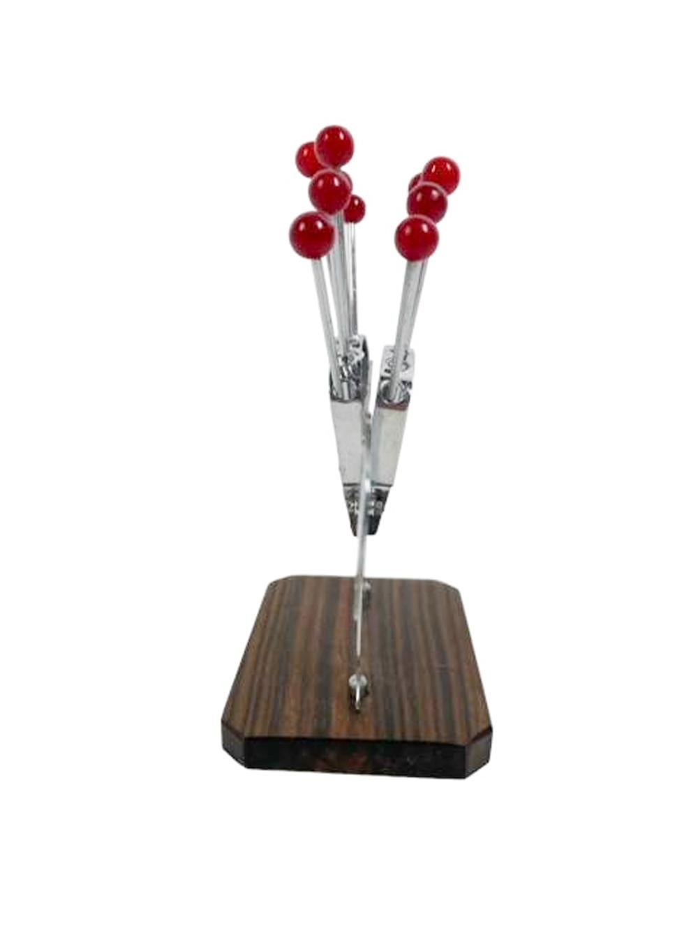 20th Century Art Deco Elephant Cocktail Pick Set in Chrome and Wood w/12 Red Ball Top Picks