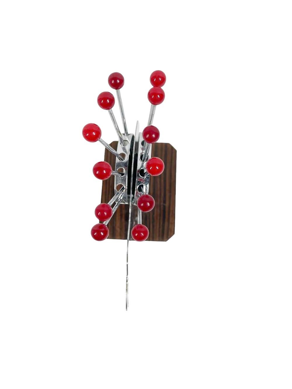 Art Deco Elephant Cocktail Pick Set in Chrome and Wood w/12 Red Ball Top Picks 1
