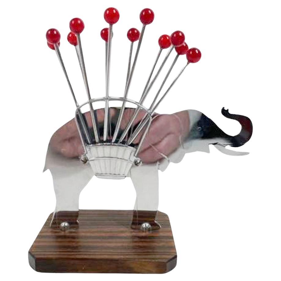 Art Deco Elephant Cocktail Pick Set in Chrome and Wood w/12 Red Ball Top Picks