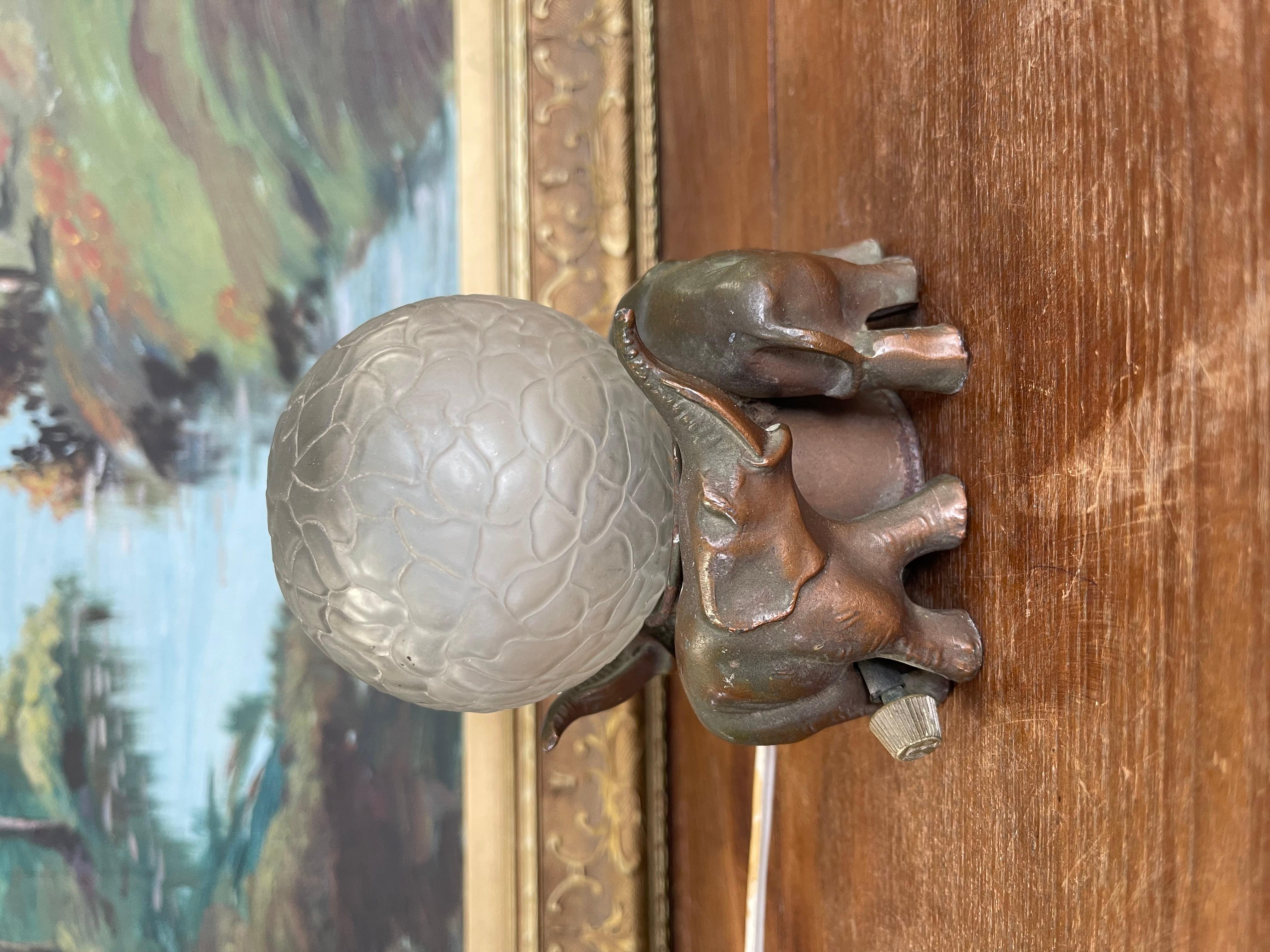 Late 20th Century Art Deco Elephant Figural Lamp with Frosted Glass Globe Shade For Sale
