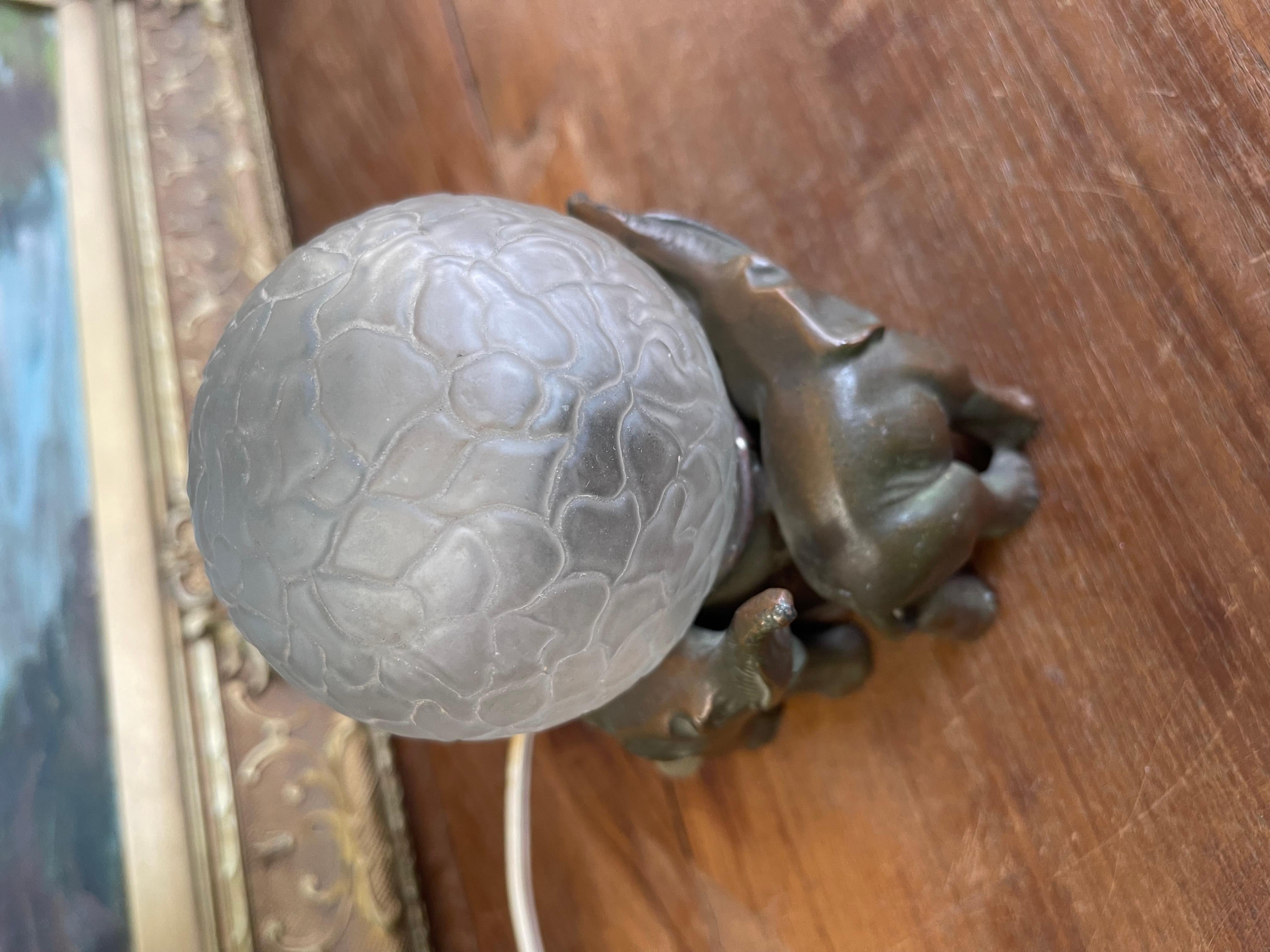 Art Glass Art Deco Elephant Figural Lamp with Frosted Glass Globe Shade For Sale