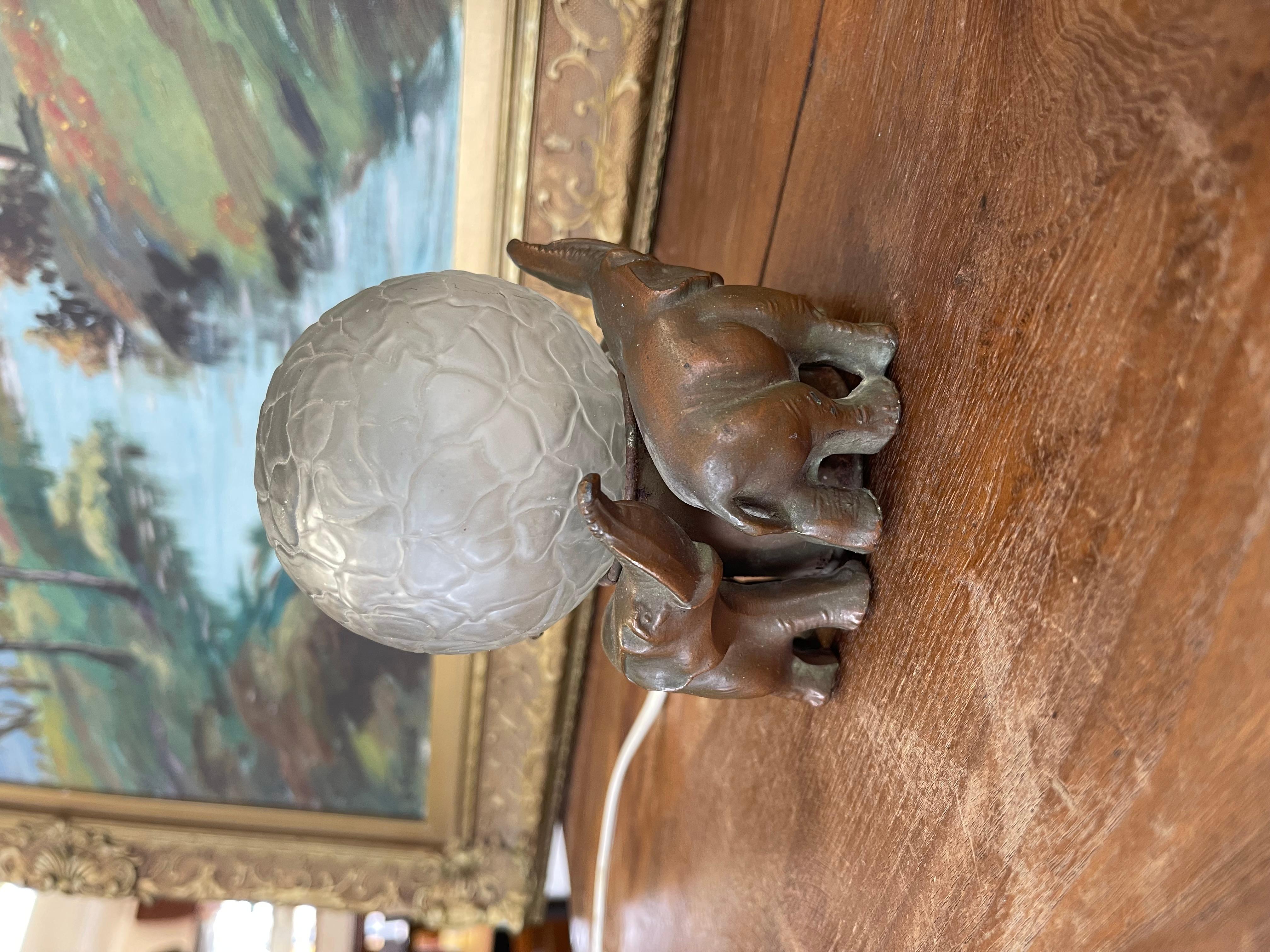 Art Deco Elephant Figural Lamp with Frosted Glass Globe Shade For Sale 1