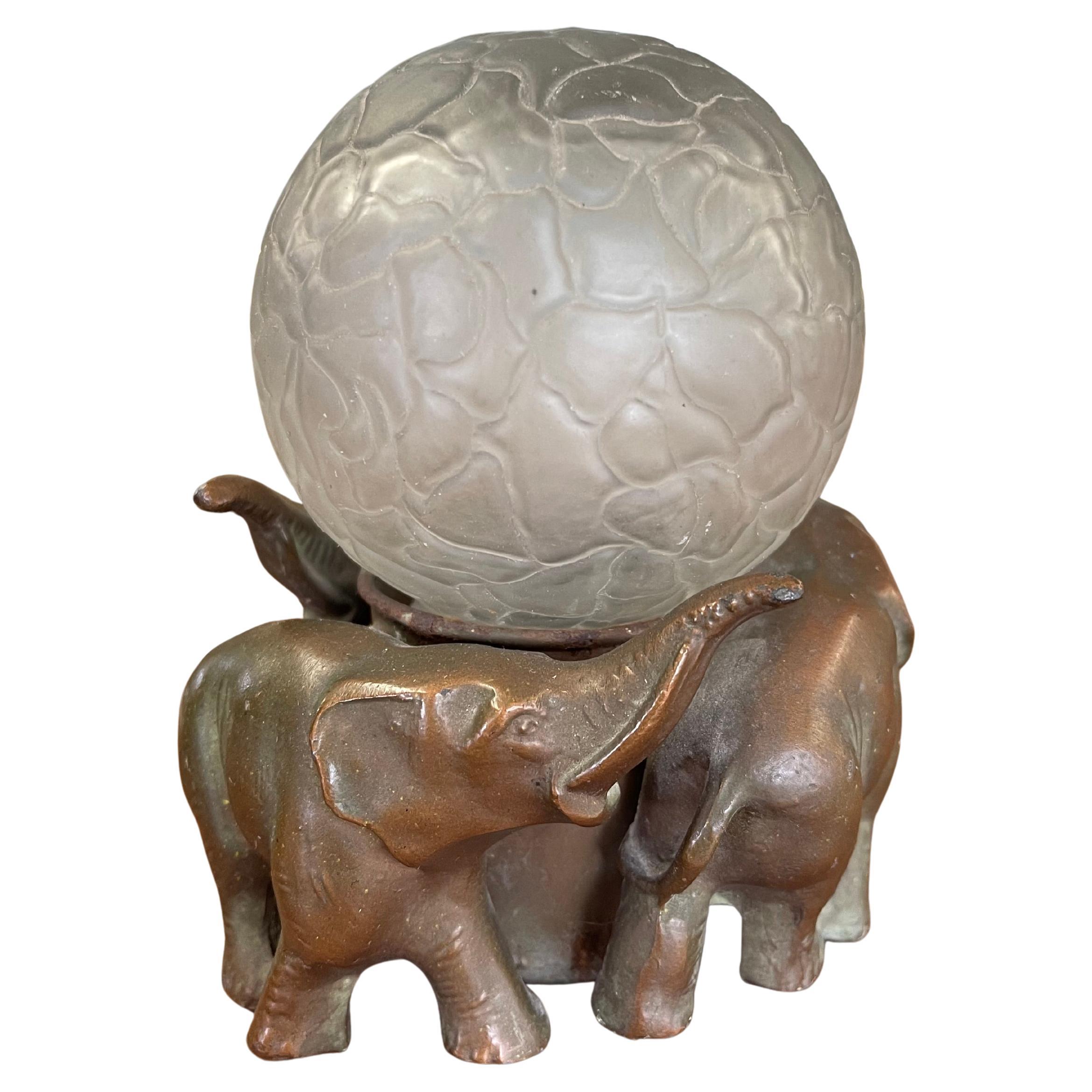Art Deco Elephant Figural Lamp with Frosted Glass Globe Shade