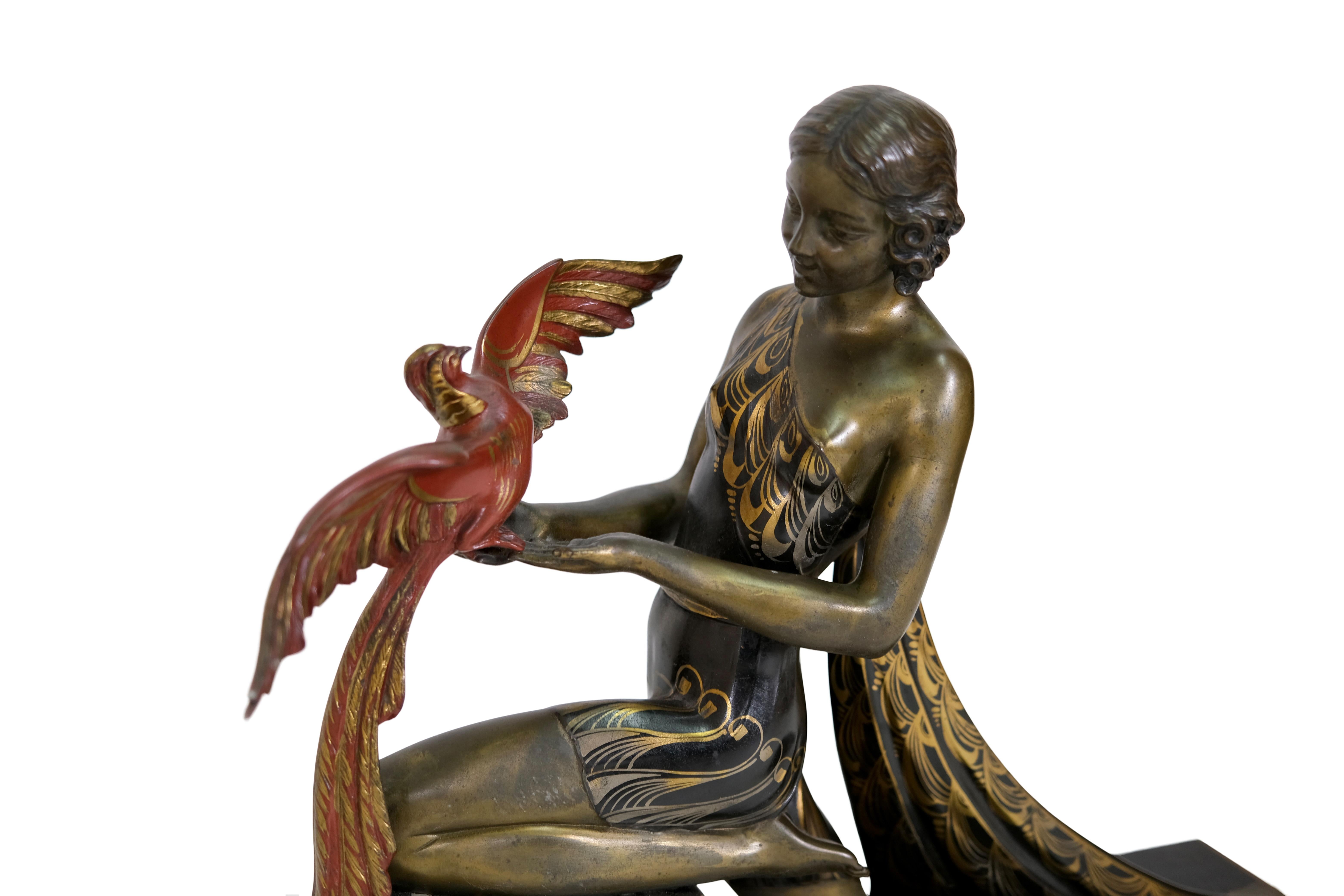 French Colorful Jacques Limousin Art Deco Sculpture of a Girl with Bird on Marble Base For Sale