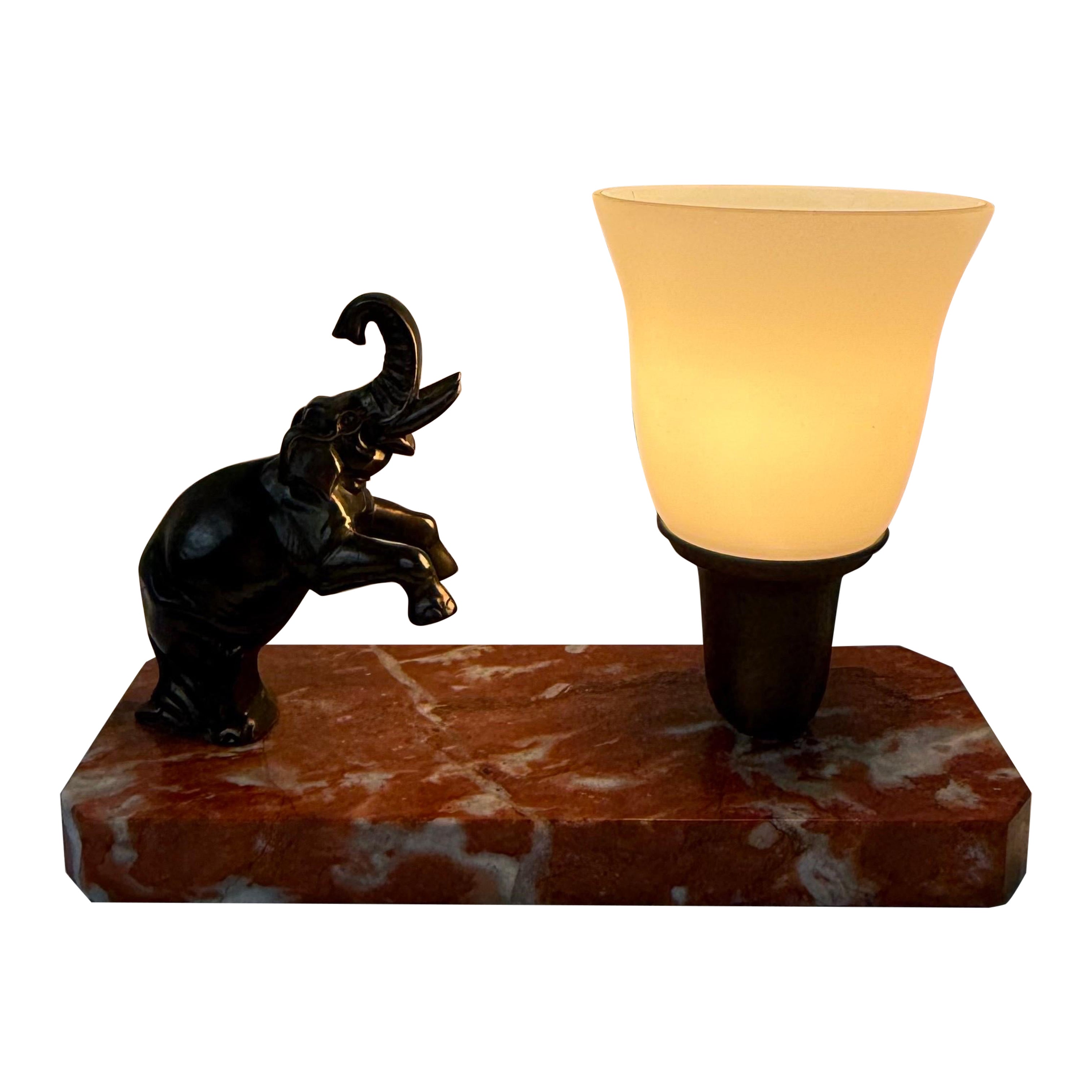 Art Deco Elephant Table Lamp with Red Marble Base, Circa 1930 For Sale