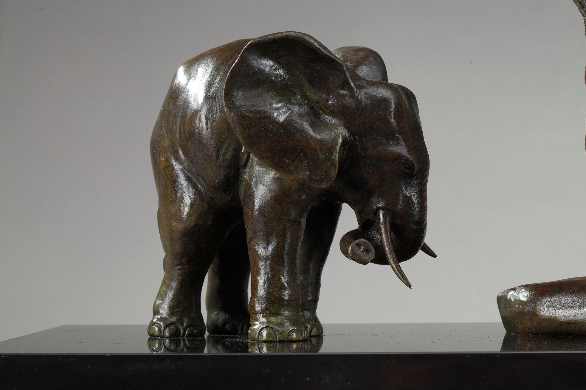Patinated Art Deco Elephant with Its Two Baby Elephants by Ulisse Caputo For Sale