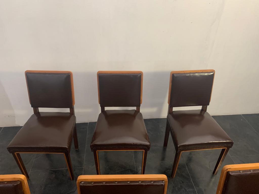 Italian Art Deco Elm, Maple & Leatherette Dining Chairs, 1940s, Set of 6 For Sale