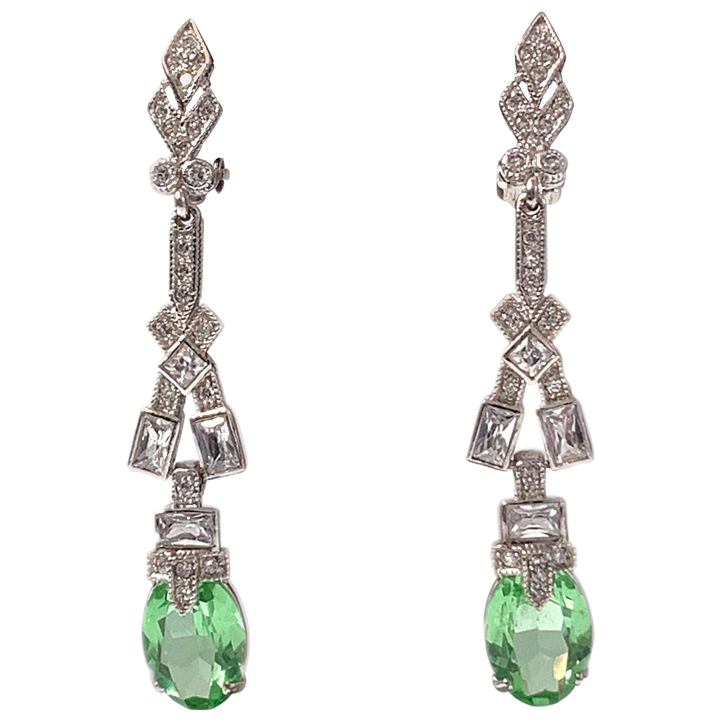 Art Deco Elongate Peridot Crystal Drop Clip on Earrings