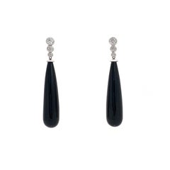 Art Deco Style Elongate Teardrop Onyx Sterling Silver Earrings