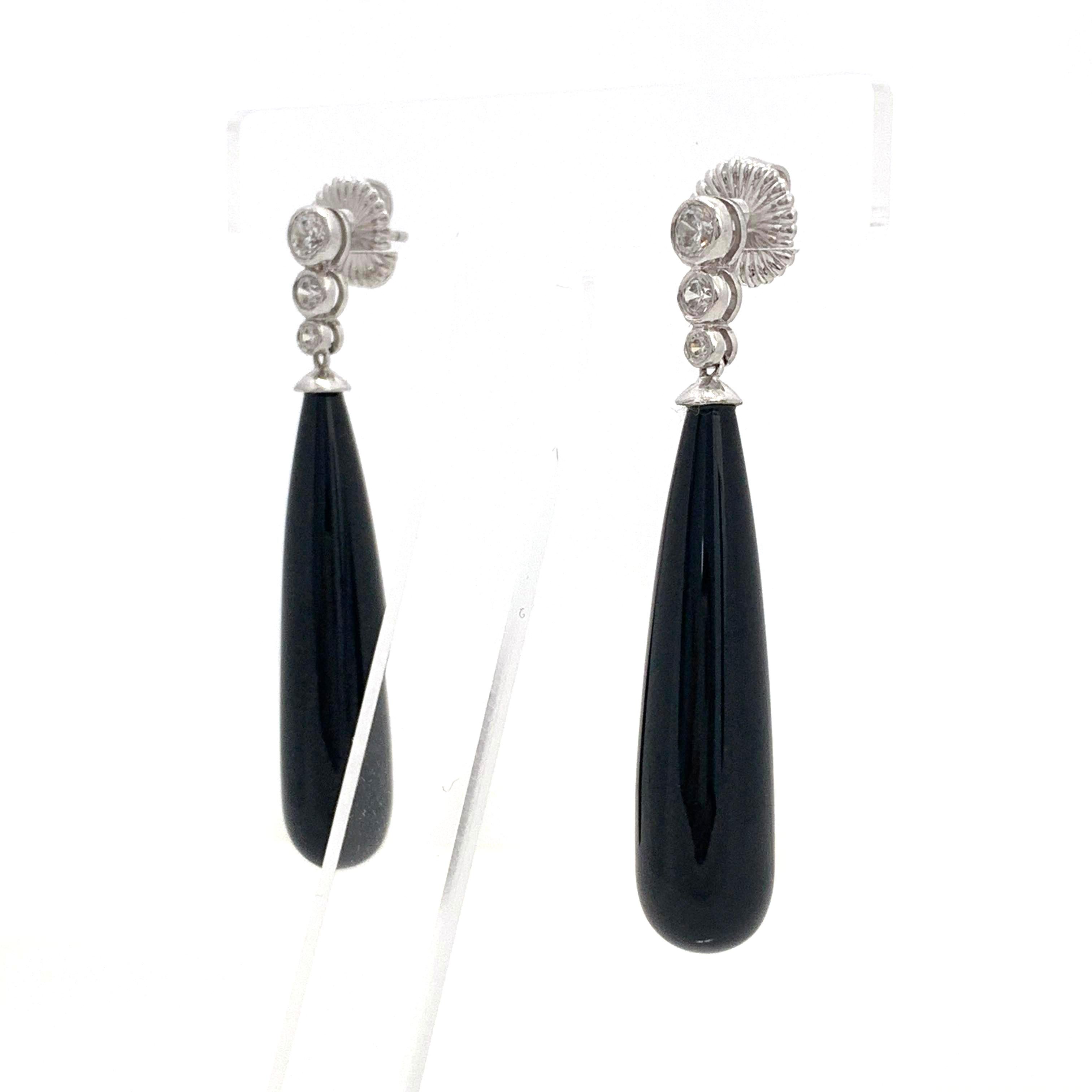 Art Deco Style Elongate Teardrop Onyx Sterling Silver Earrings In New Condition In Los Angeles, CA