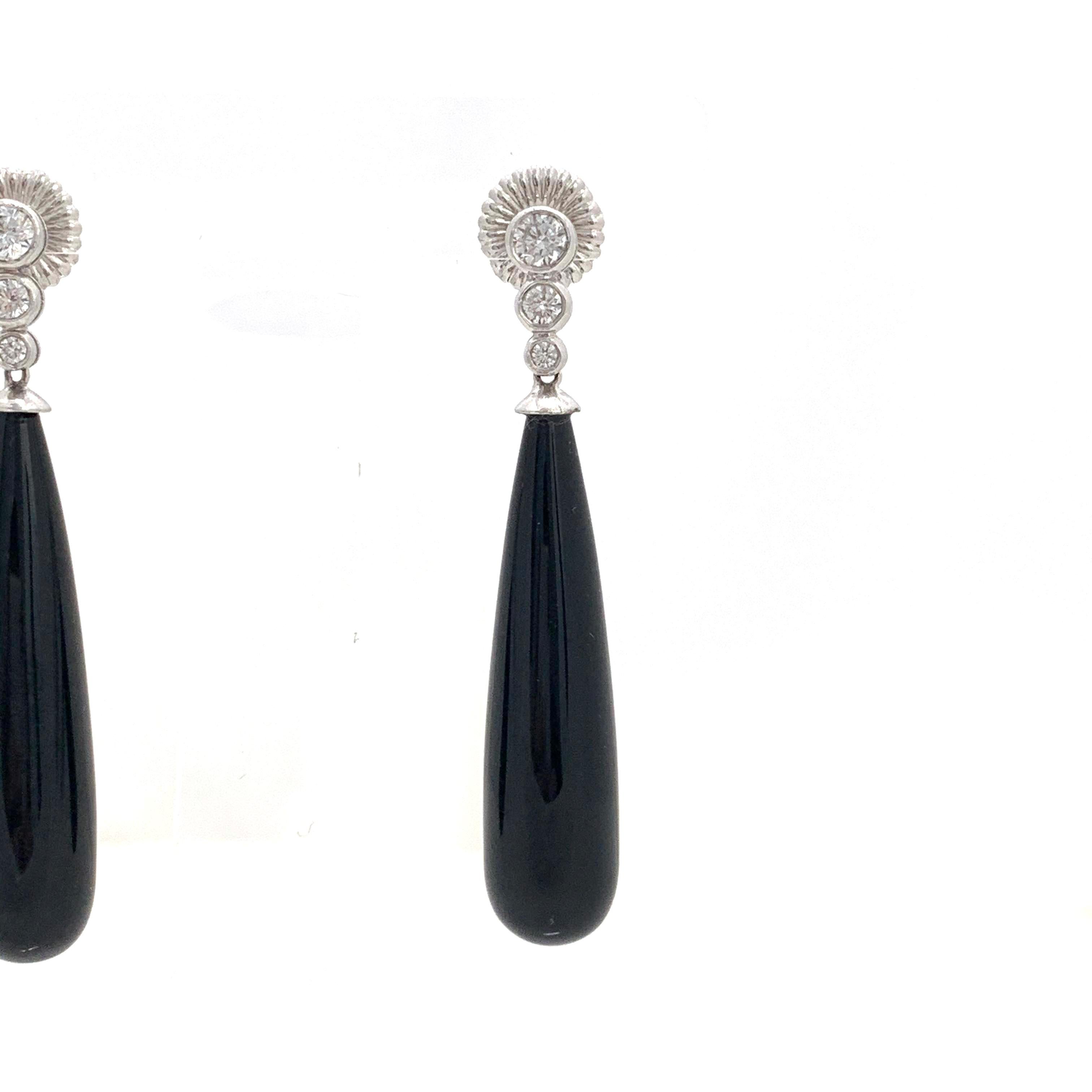 Women's Art Deco Style Elongate Teardrop Onyx Sterling Silver Earrings