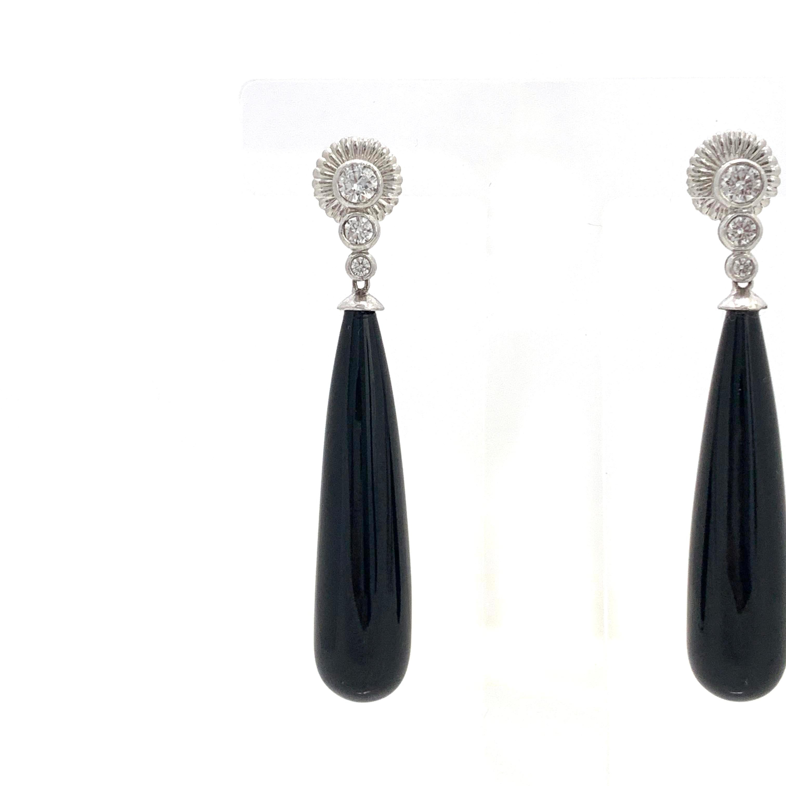 Art Deco Style Elongate Teardrop Onyx Sterling Silver Earrings 1