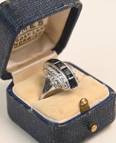 Art Deco Elongated Platinum Ring. French Sapphire and Round Rose Diamond Ring
