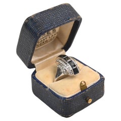 Art Deco Elongated Platinum Ring. French Sapphire and Round Rose Diamond Ring