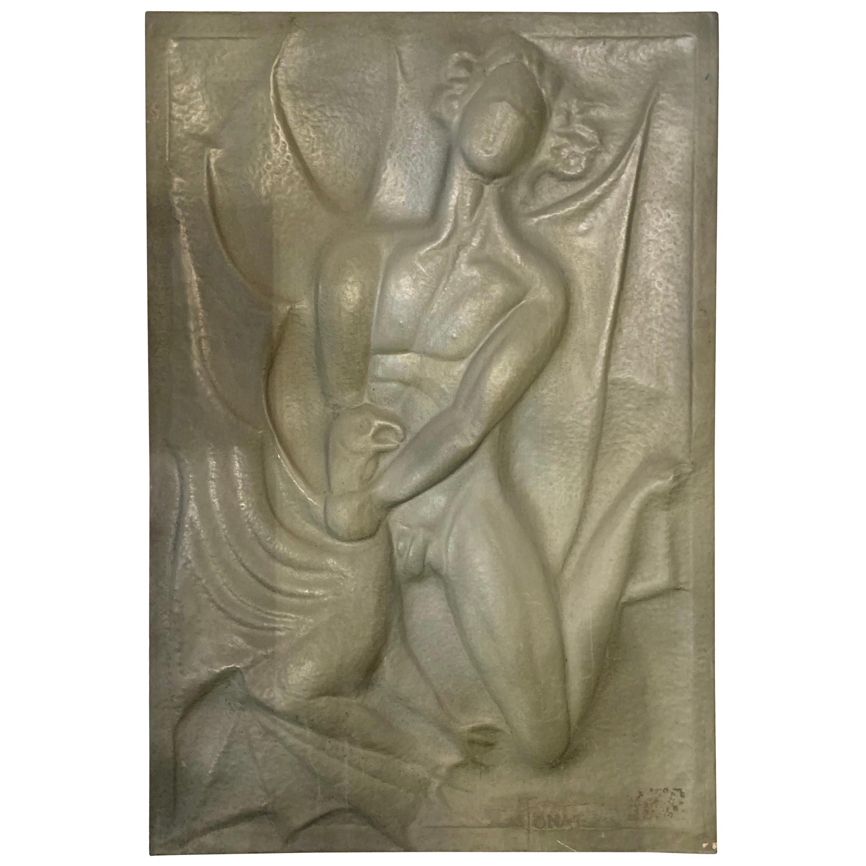 Art Deco Embossed Pewter Panel Sculpture, 1920s