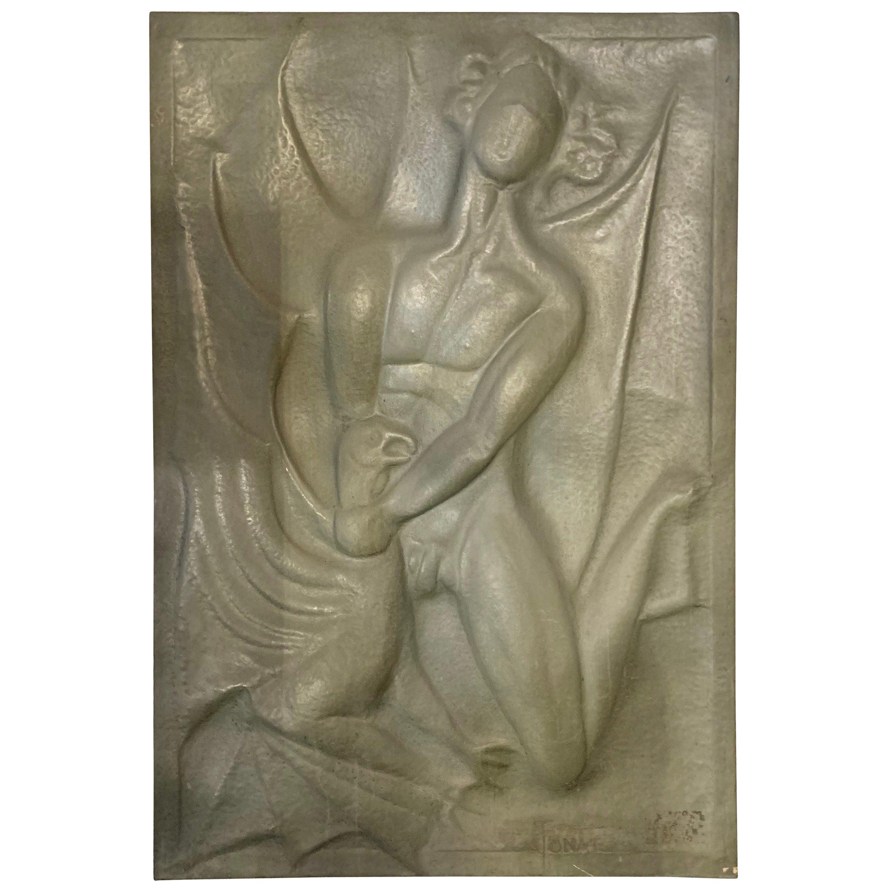 Art Deco Embossed Pewter Panel Sculpture, 1920s For Sale