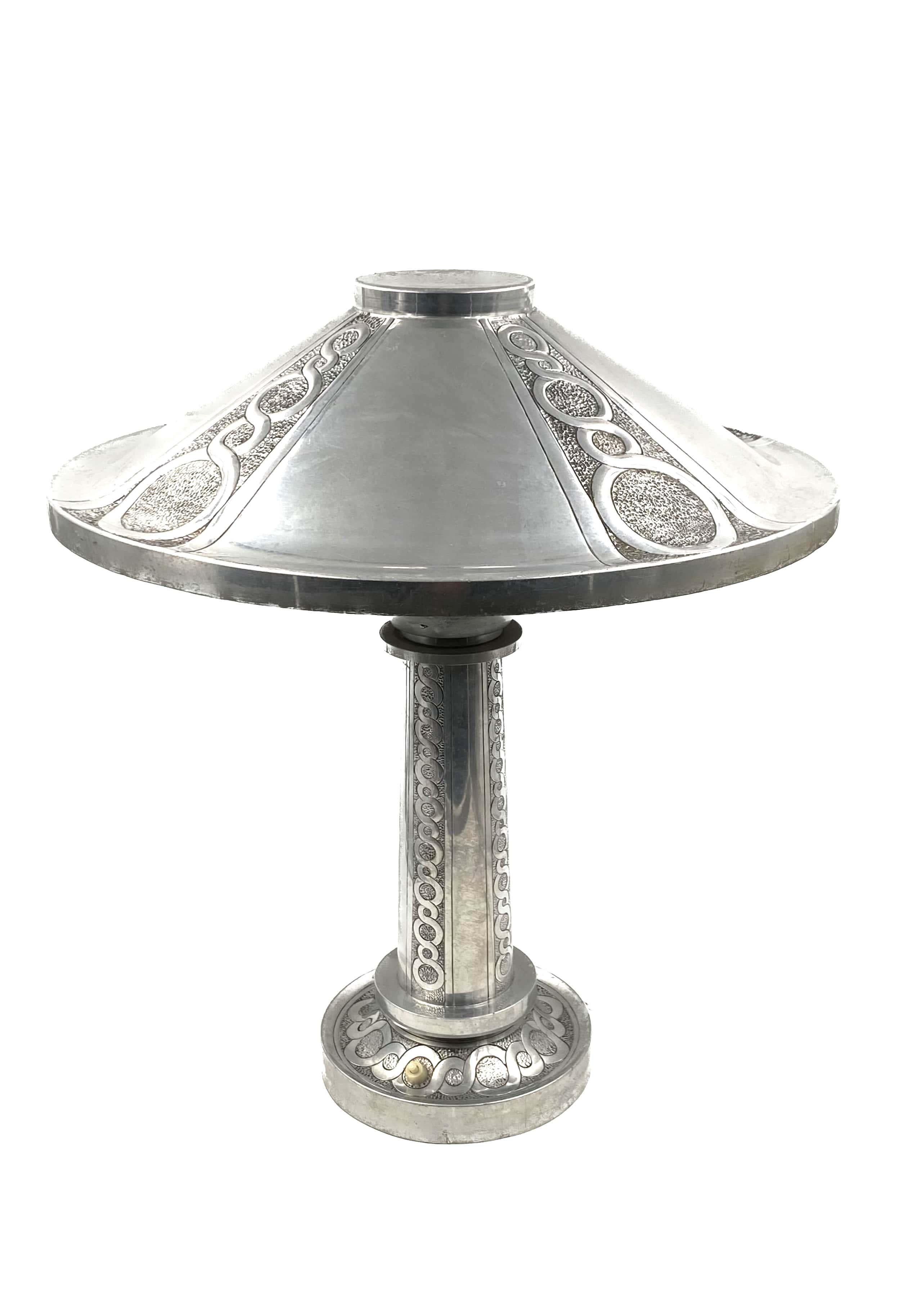 Aluminum Art Deco embossed Table Lamp, France, ca. 1920s For Sale