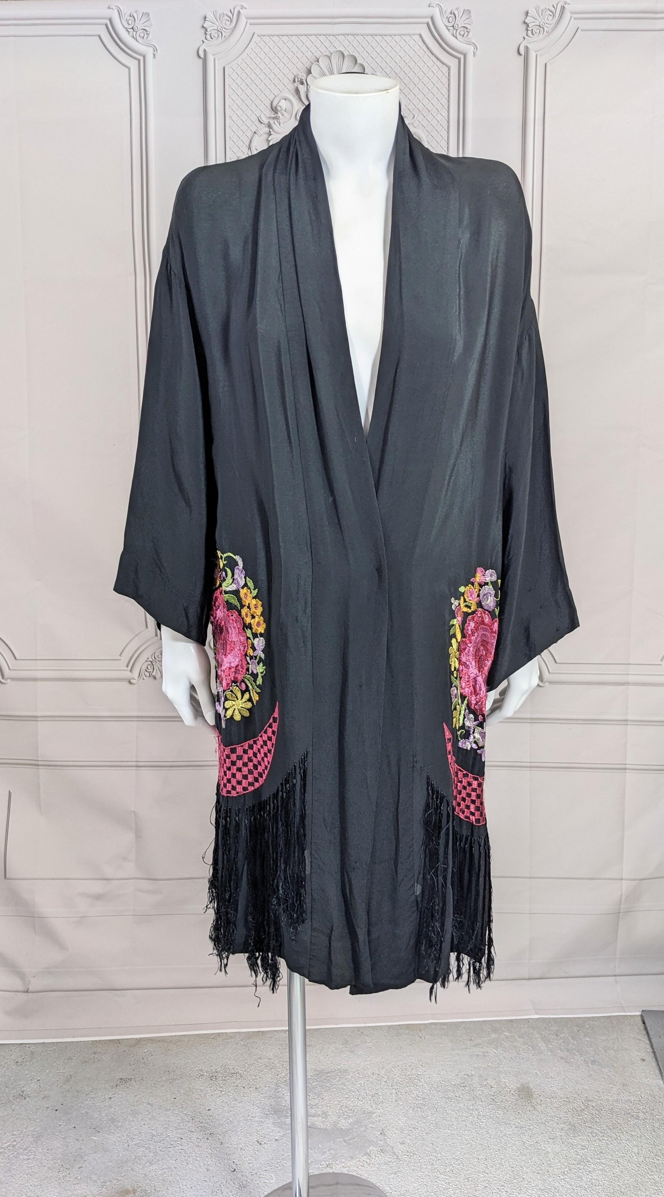 Art Deco Embroidered Fringe Robe from the 1920's which can easily be worn belted as a top or  jacket. Wrap kimono style with no closures. Floral embroidered Art Deco round panels with fringed hem. Rayon crepe. Fits Small- Medium. 1920's USA. 