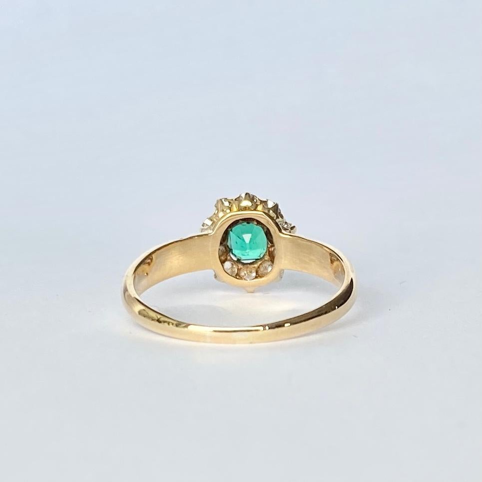 Round Cut Art Deco Emerald and Diamond 18 Carat Gold Cluster Ring