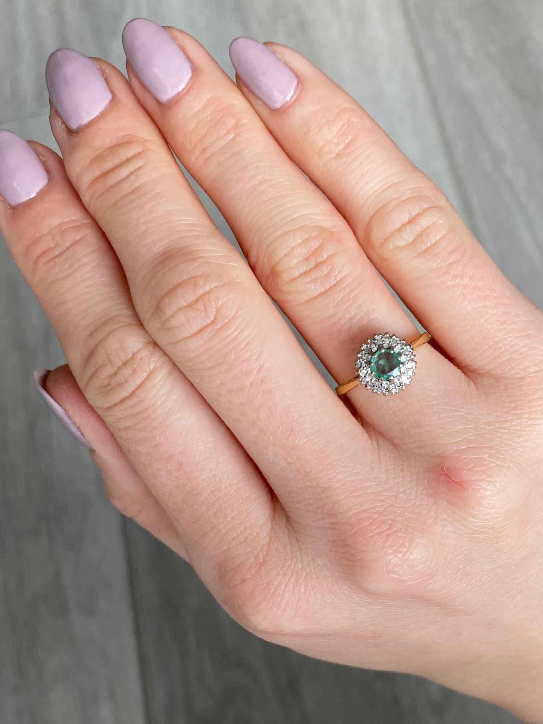 Women's Art Deco Emerald and Diamond 18 Carat Gold Cluster Ring