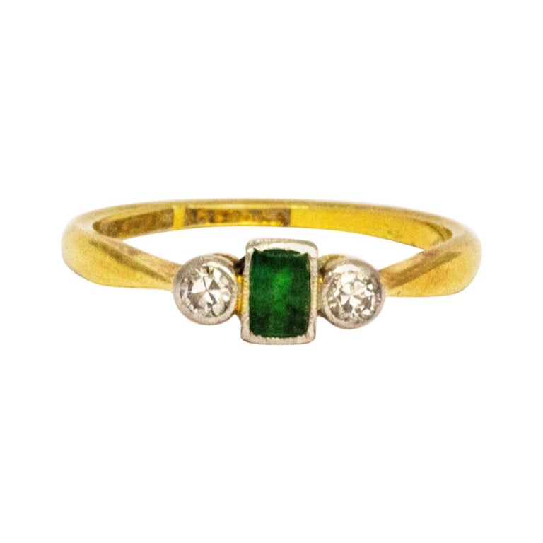 Art Deco Emerald and Diamond 18 Carat Gold Three-Stone at 1stDibs