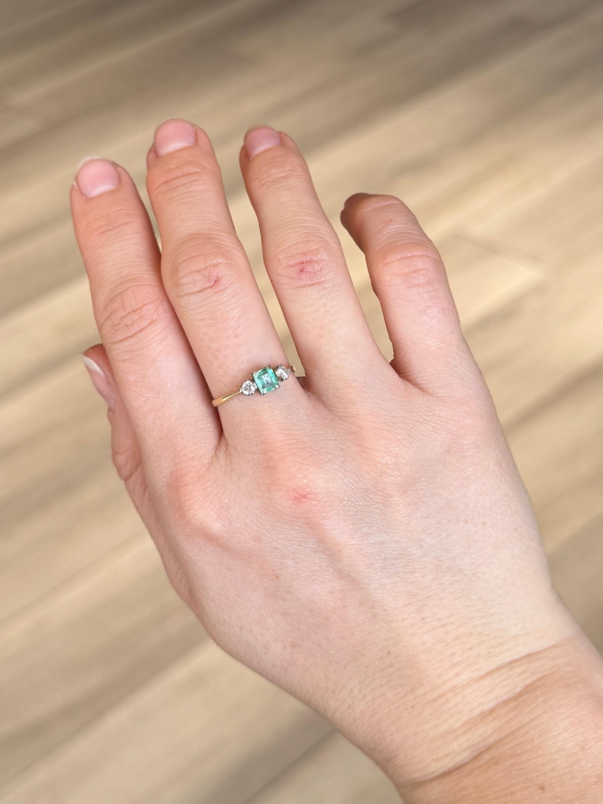 Emerald Cut Art Deco Emerald and Diamond 18 Carat Gold Three-Stone Ring For Sale