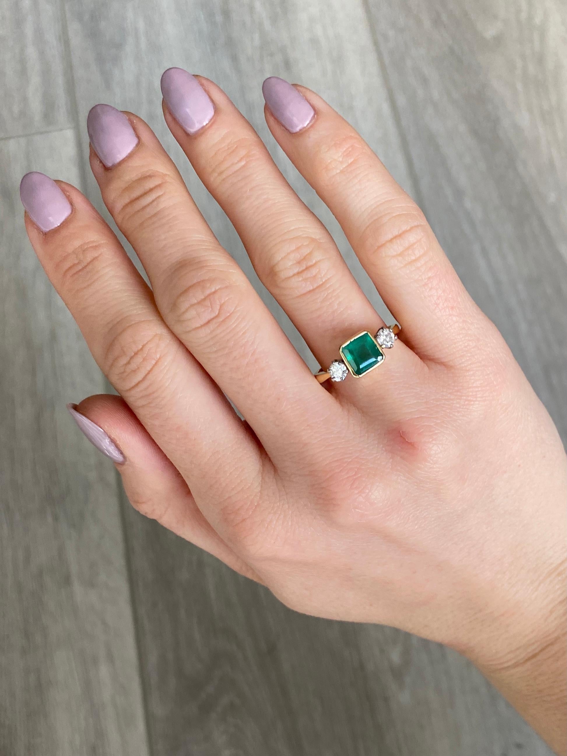 Women's Art Deco Emerald and Diamond 18 Carat Gold Three-Stone Ring