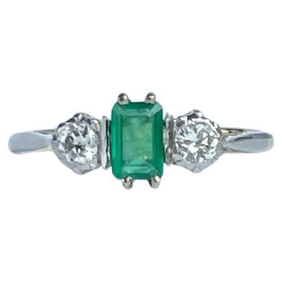Art Deco Emerald and Diamond 18 Carat Gold Three-Stone Ring
