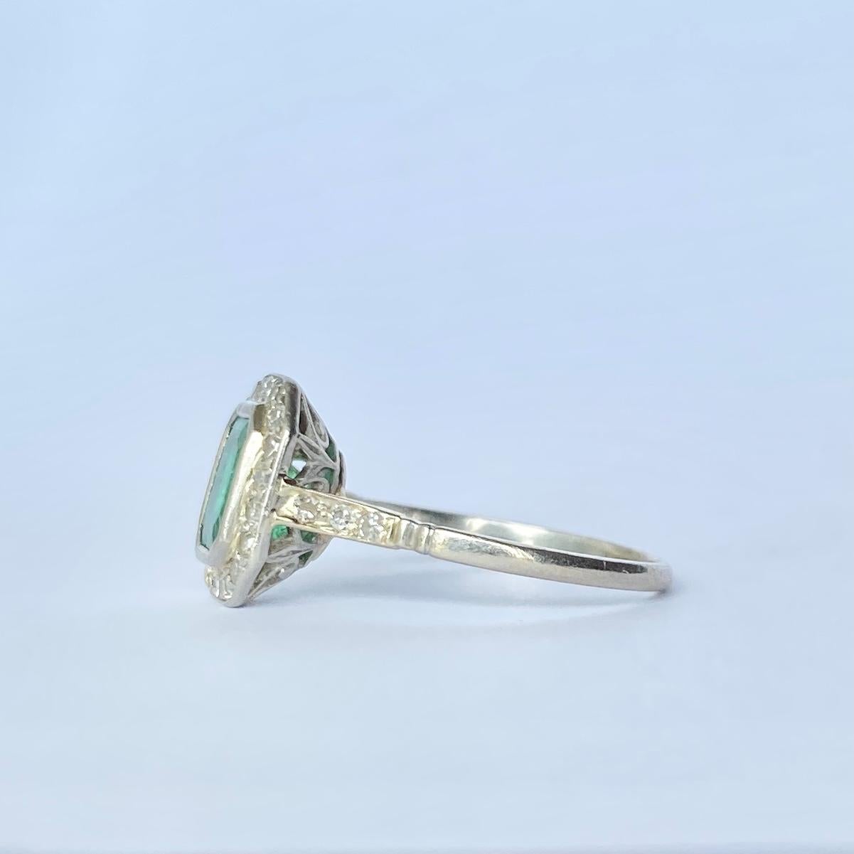 Emerald Cut Art Deco Emerald and Diamond 18 Carat White Gold Panel Cluster Ring