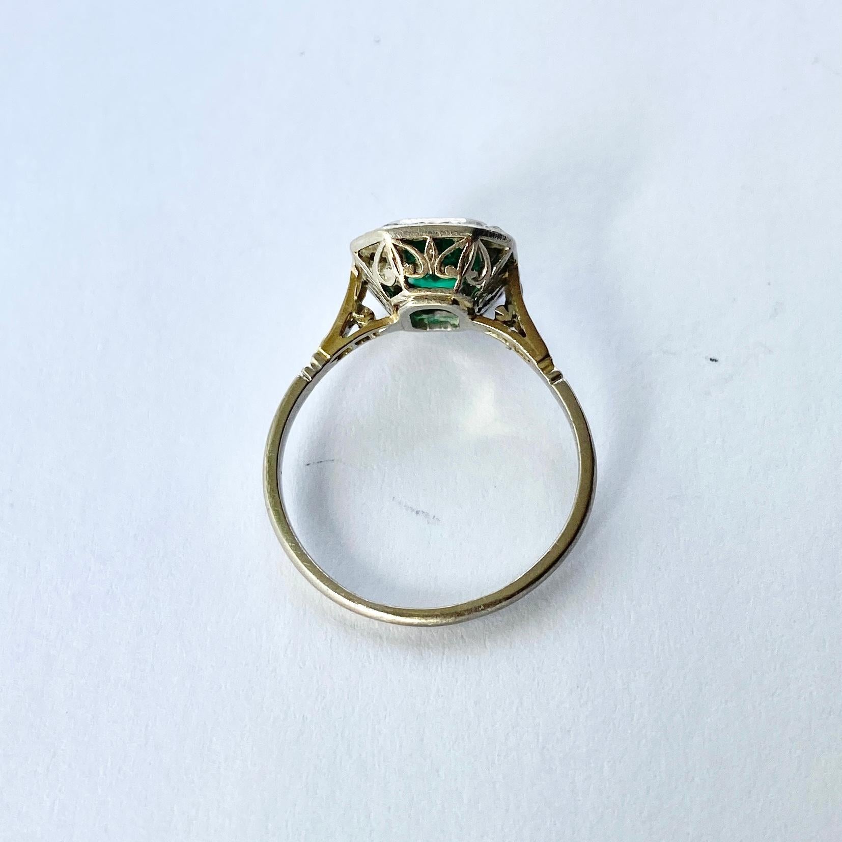 Art Deco Emerald and Diamond 18 Carat White Gold Panel Cluster Ring In Good Condition In Chipping Campden, GB