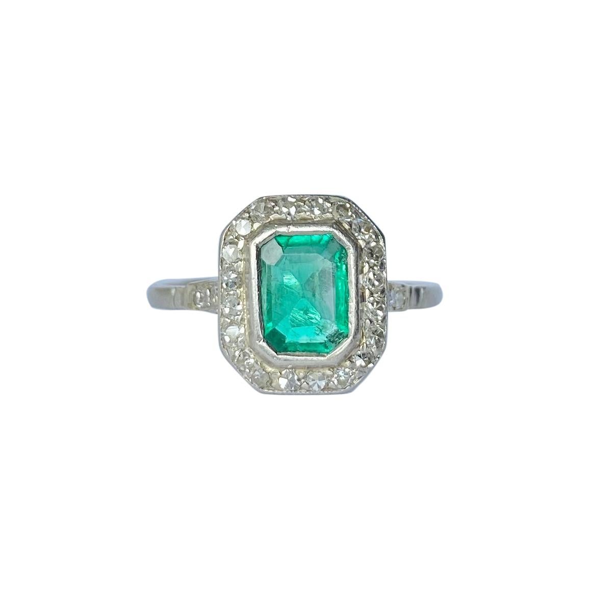 Art Deco Emerald and Diamond 18 Carat White Gold Panel Cluster Ring
