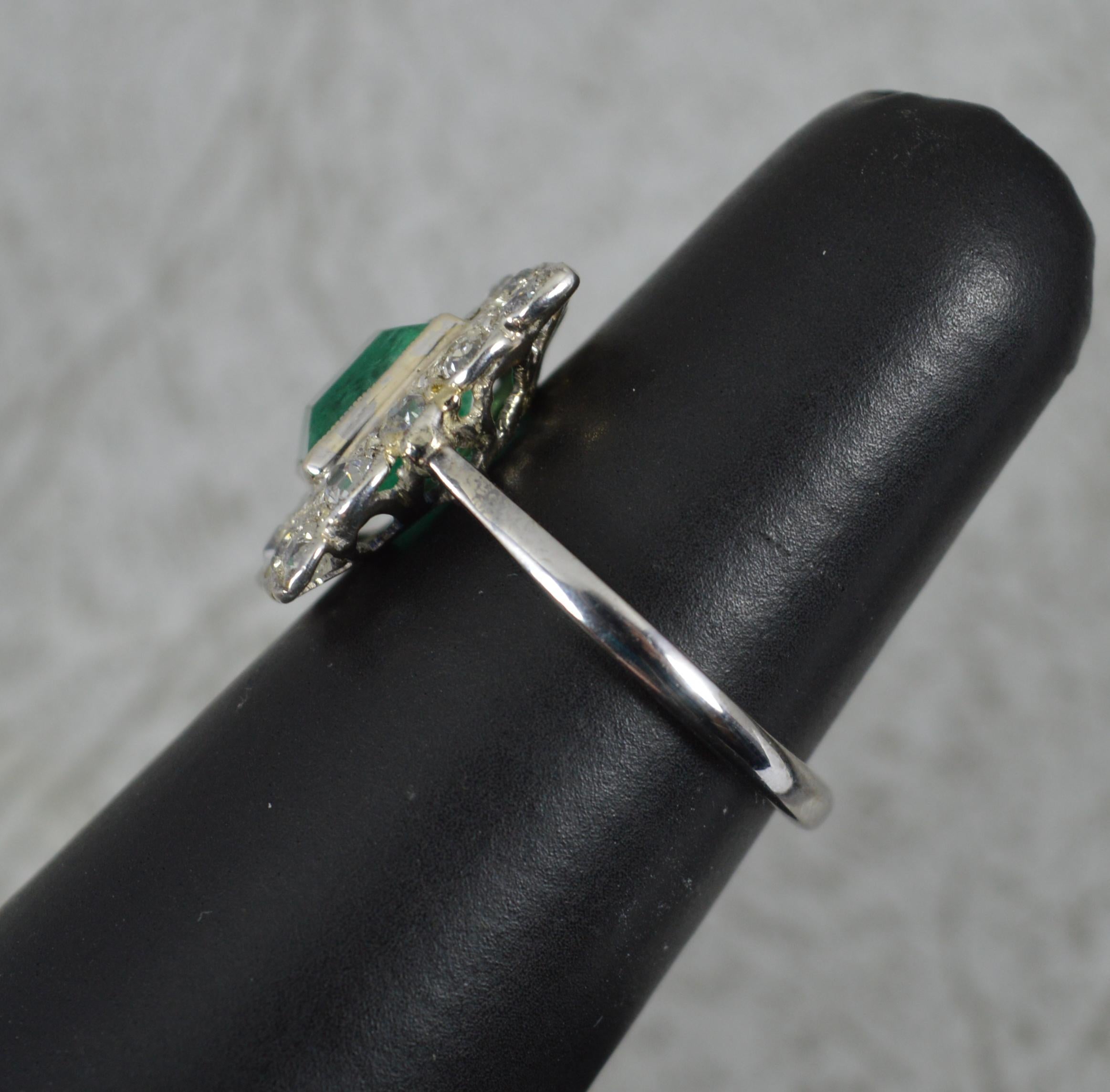 Art Deco Emerald and Diamond 18ct White Gold Panel Cluster Ring For Sale 5