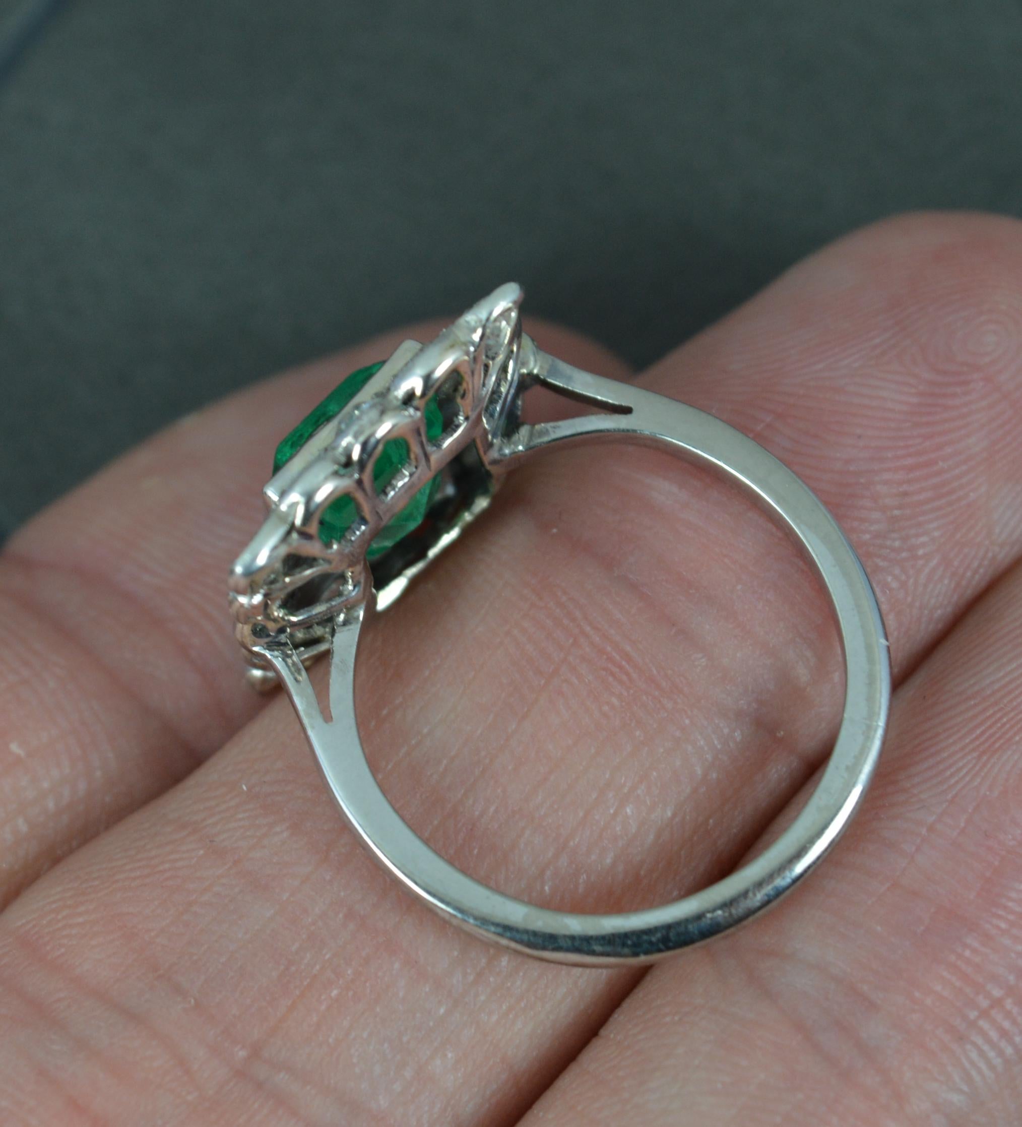 Art Deco Emerald and Diamond 18ct White Gold Panel Cluster Ring In Good Condition In St Helens, GB