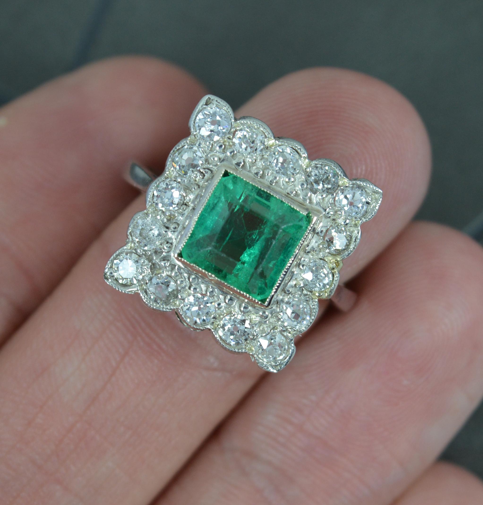 Women's Art Deco Emerald and Diamond 18ct White Gold Panel Cluster Ring