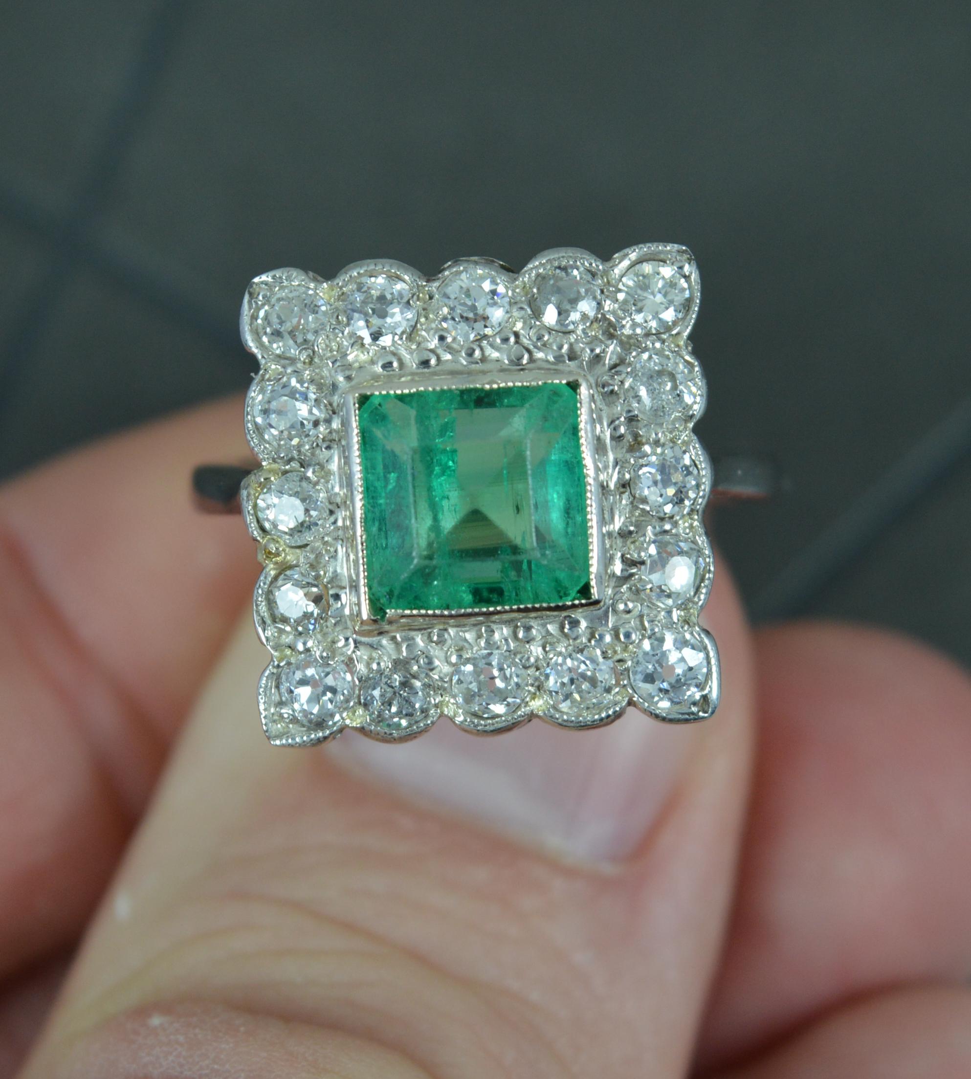 Art Deco Emerald and Diamond 18ct White Gold Panel Cluster Ring For Sale 1