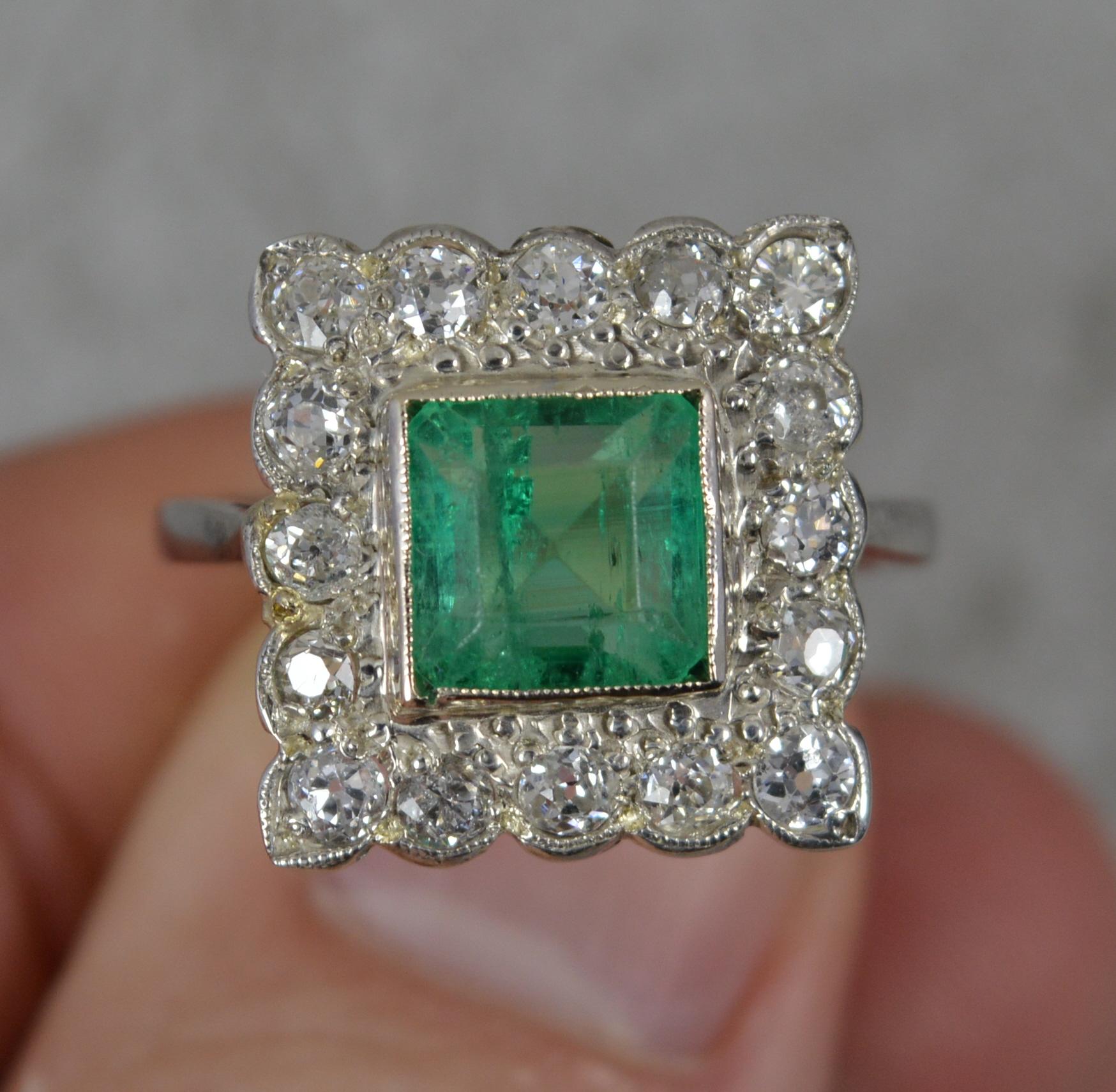 Art Deco Emerald and Diamond 18ct White Gold Panel Cluster Ring 2