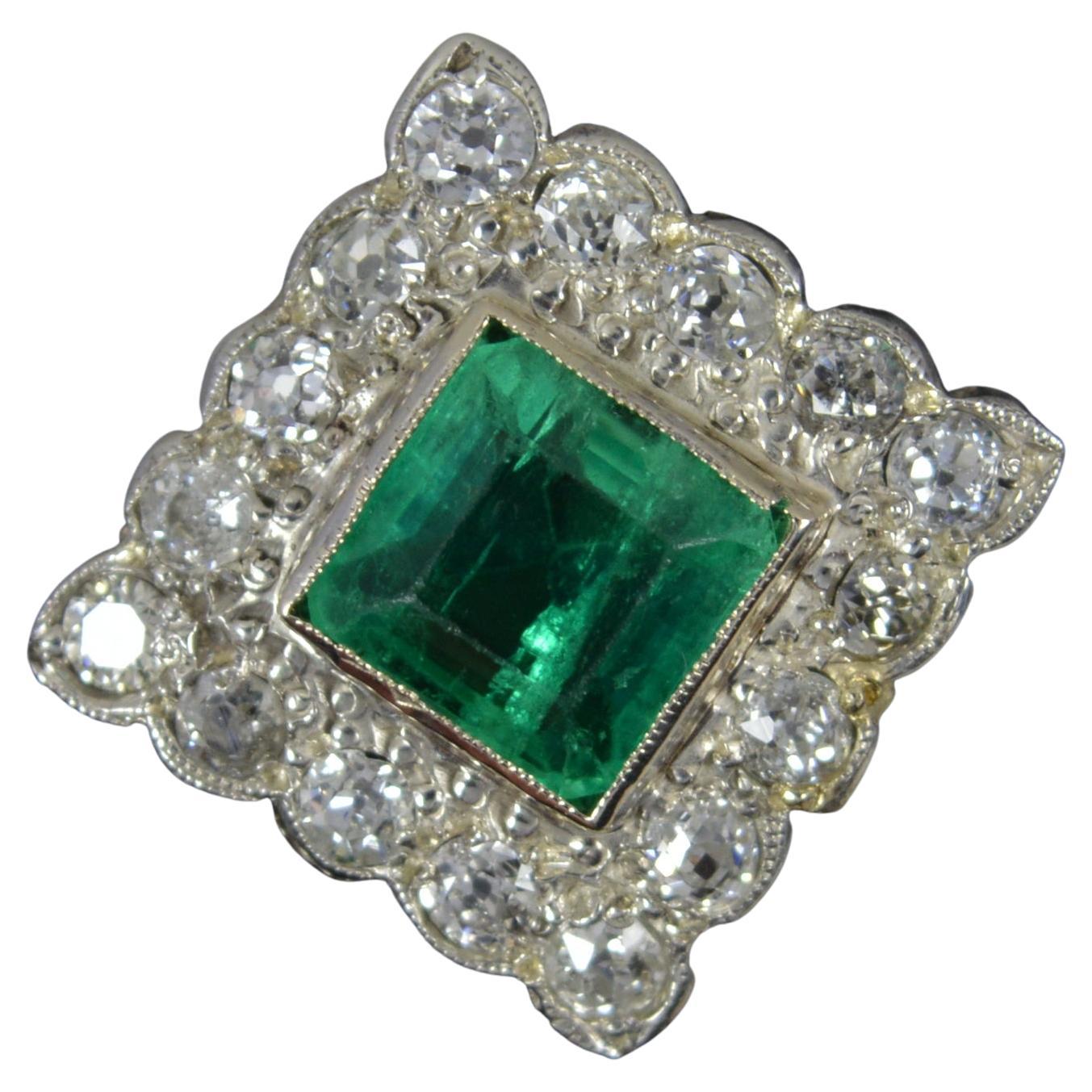 Art Deco Emerald and Diamond 18ct White Gold Panel Cluster Ring For Sale