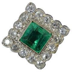 Vintage Art Deco Emerald and Diamond 18ct White Gold Panel Cluster Ring