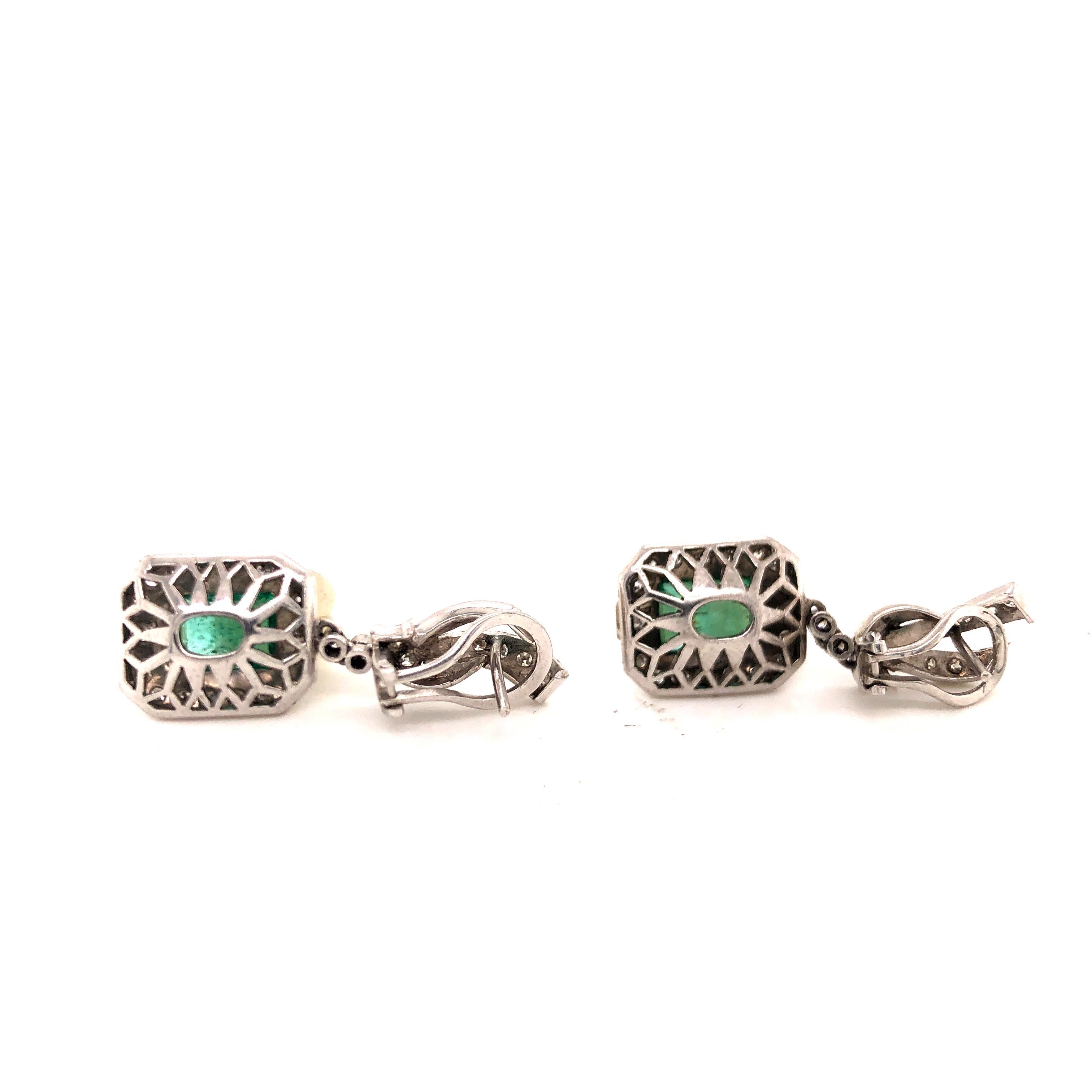 Emerald Cut Art Deco Emerald and Diamond 18 Karat White Gold Drop Earrings