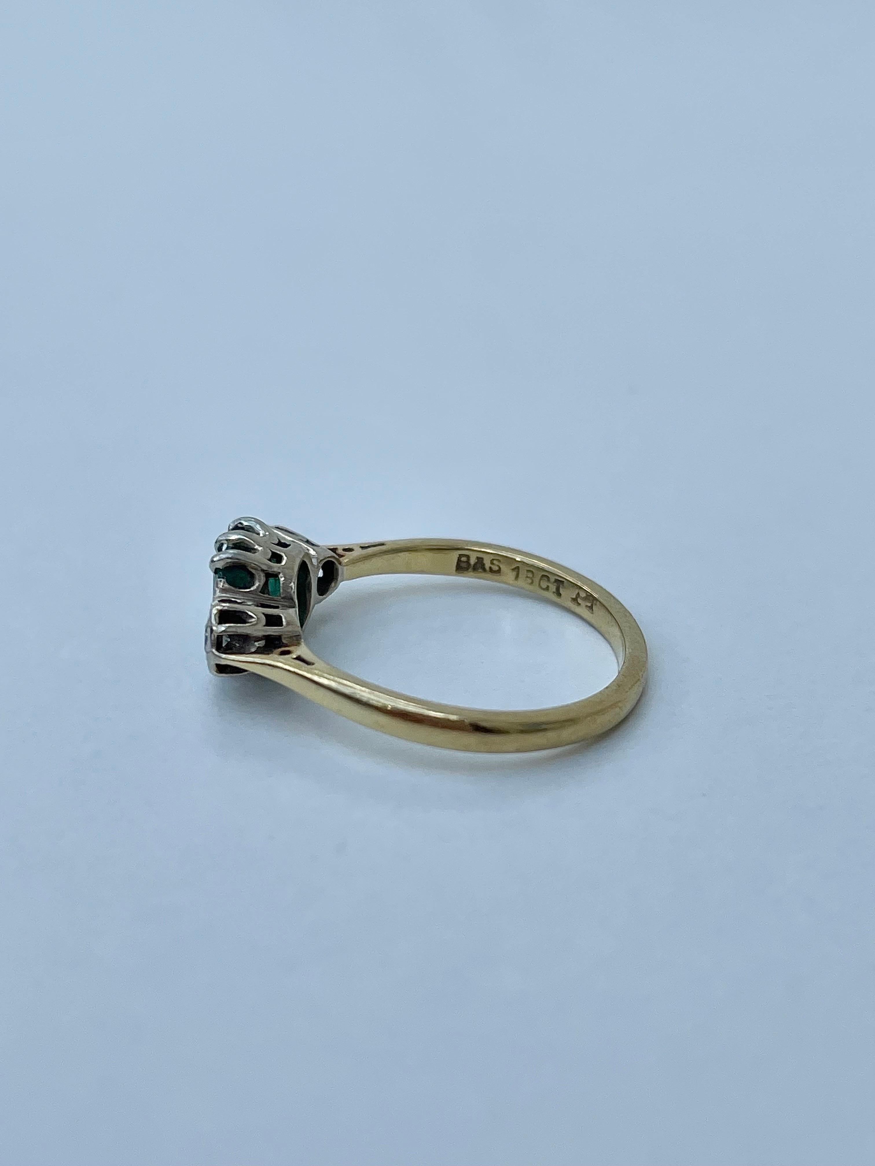 Emerald Cut Art Deco Emerald and Diamond 3 Stone Ring in 18ct Yellow Gold For Sale